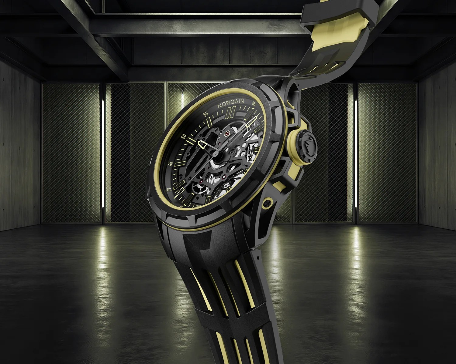 Black and yellow Norqain skeleton watch with rubber strap in an industrial setting.