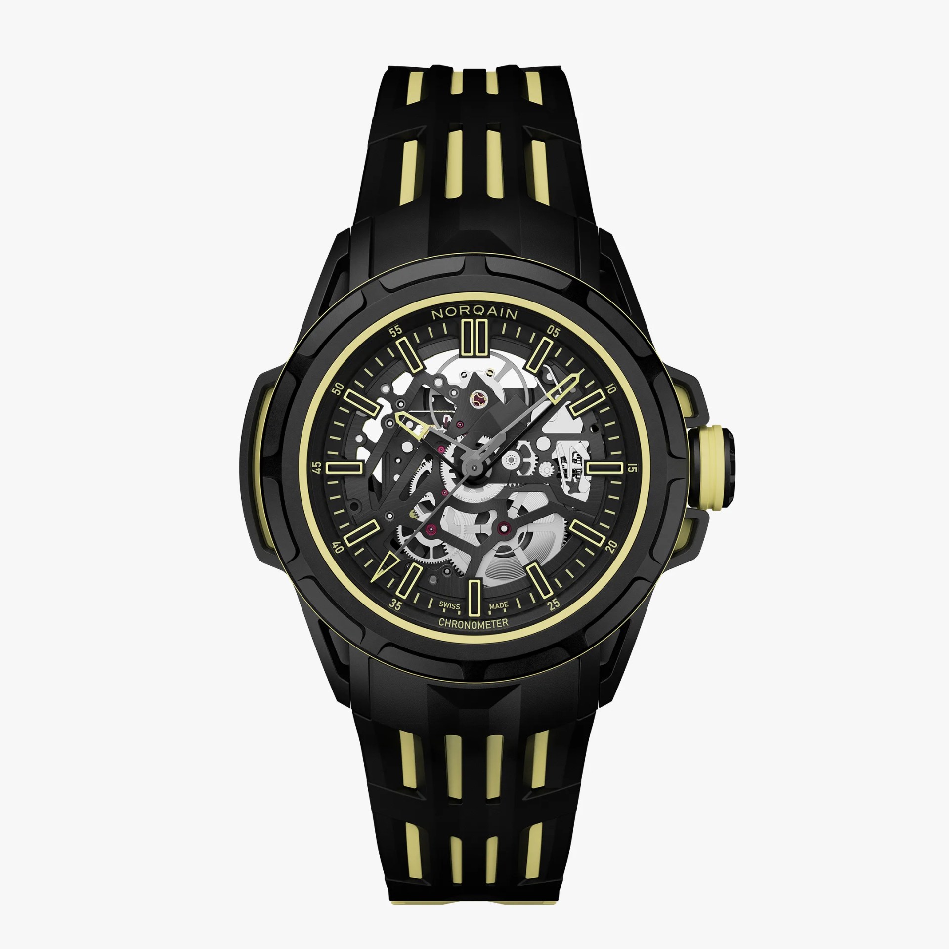 Black and yellow Norqain chronometer watch with skeleton dial and black rubber strap with yellow accents.