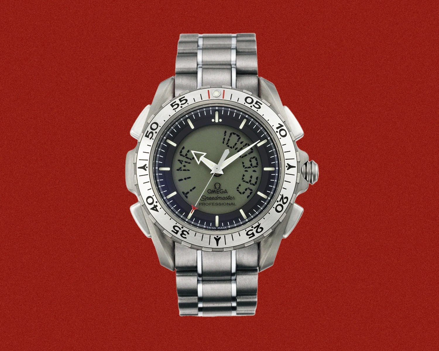 Omega Speedmaster Professional stainless steel watch with analog and digital display on a red background.
