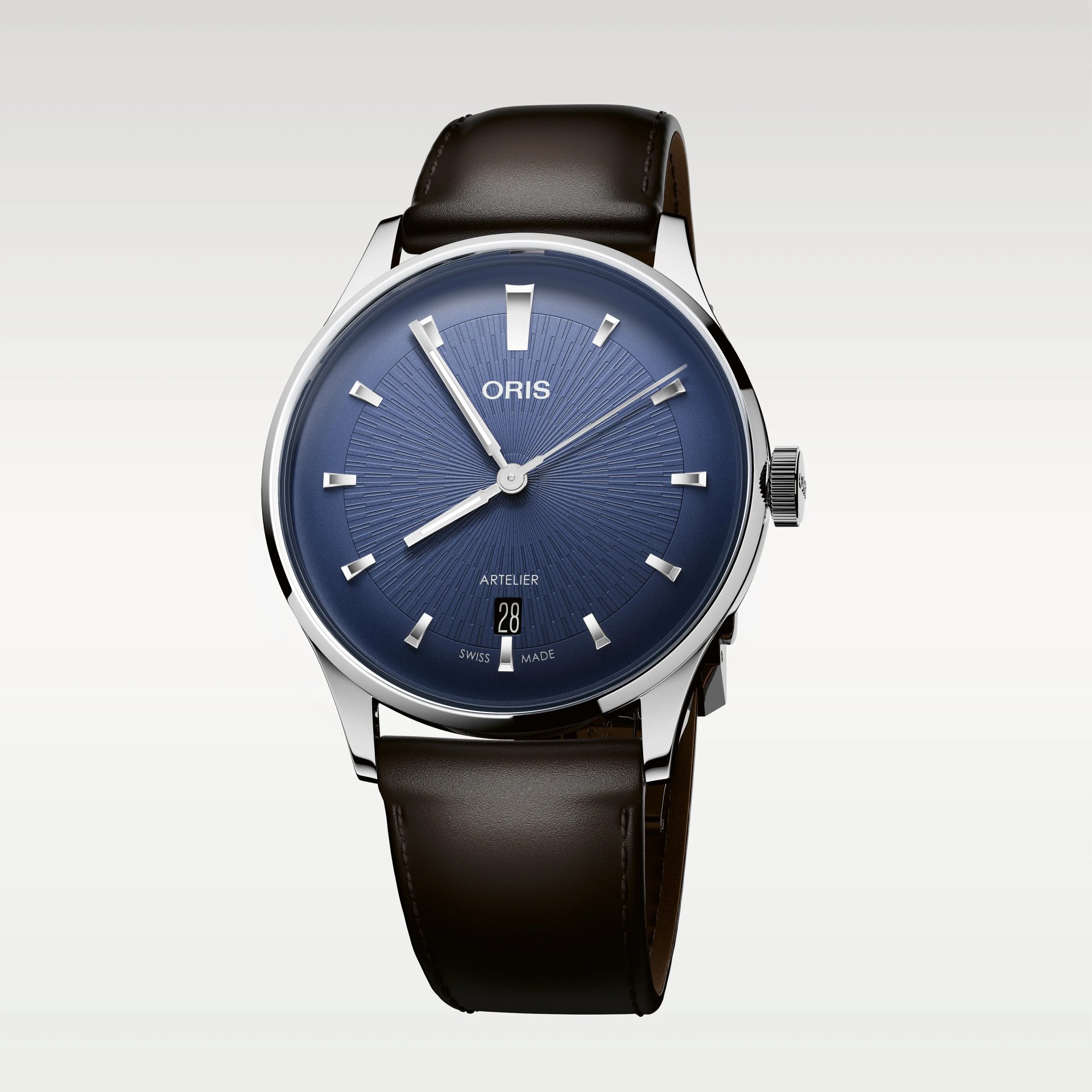 Round silver Oris Artelier wristwatch with a blue textured dial, silver hour markers, and a black leather strap.