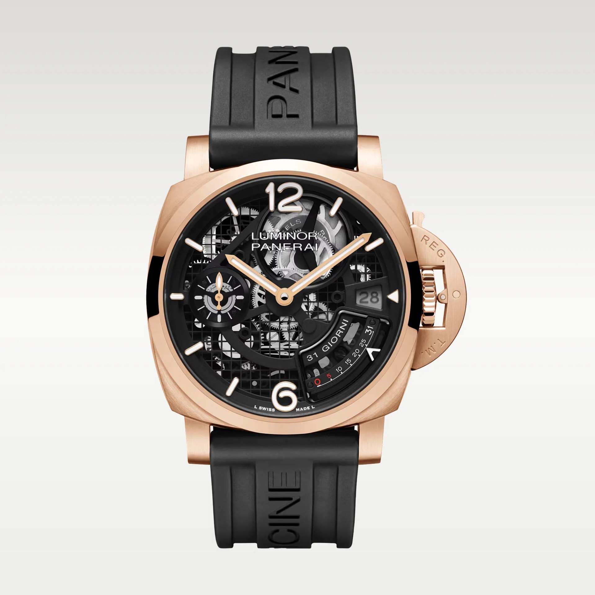Rose gold Panerai Luminor wristwatch with black skeleton dial and black rubber strap.