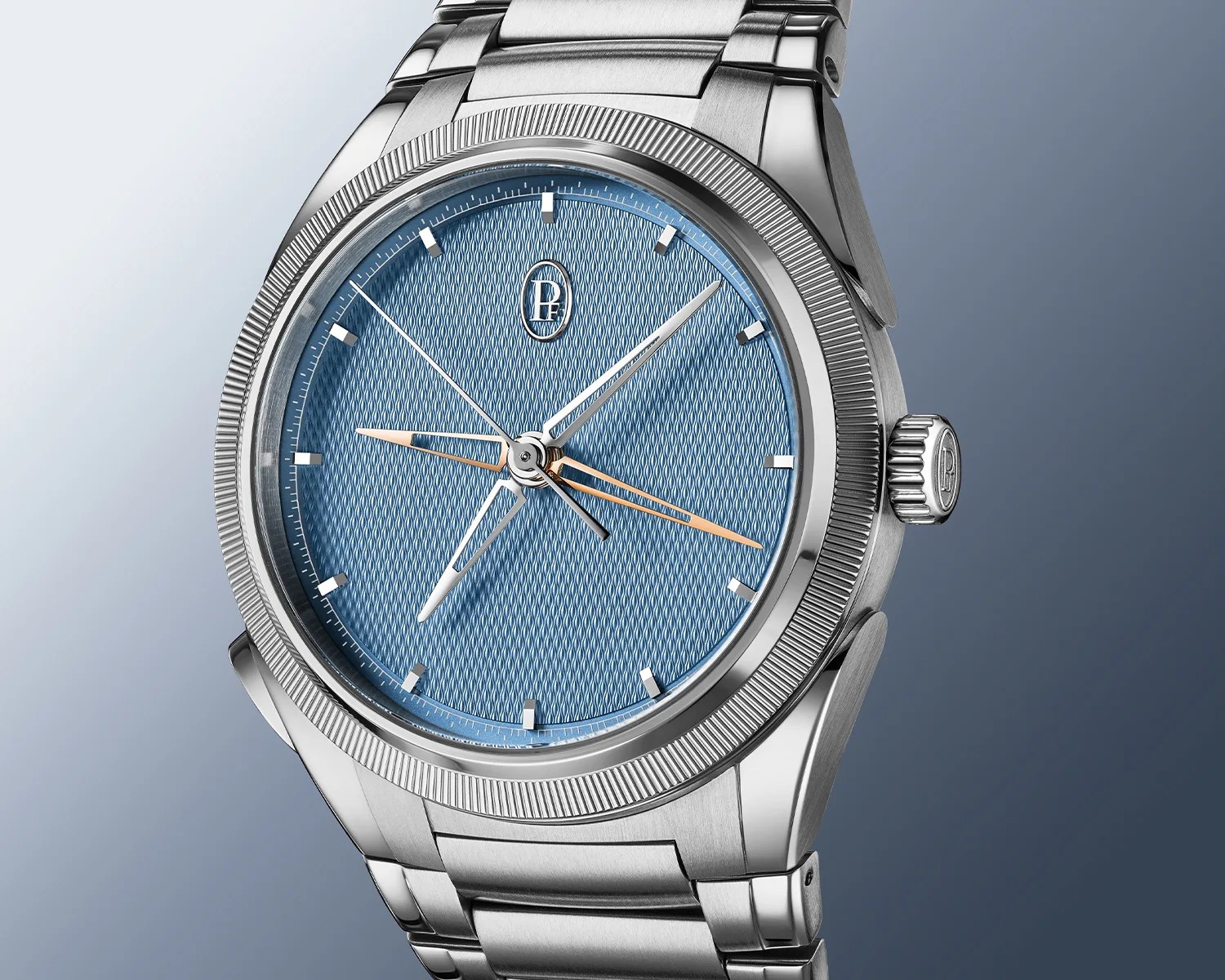 Silver stainless steel wristwatch with textured light blue dial and silver and rose gold hands.