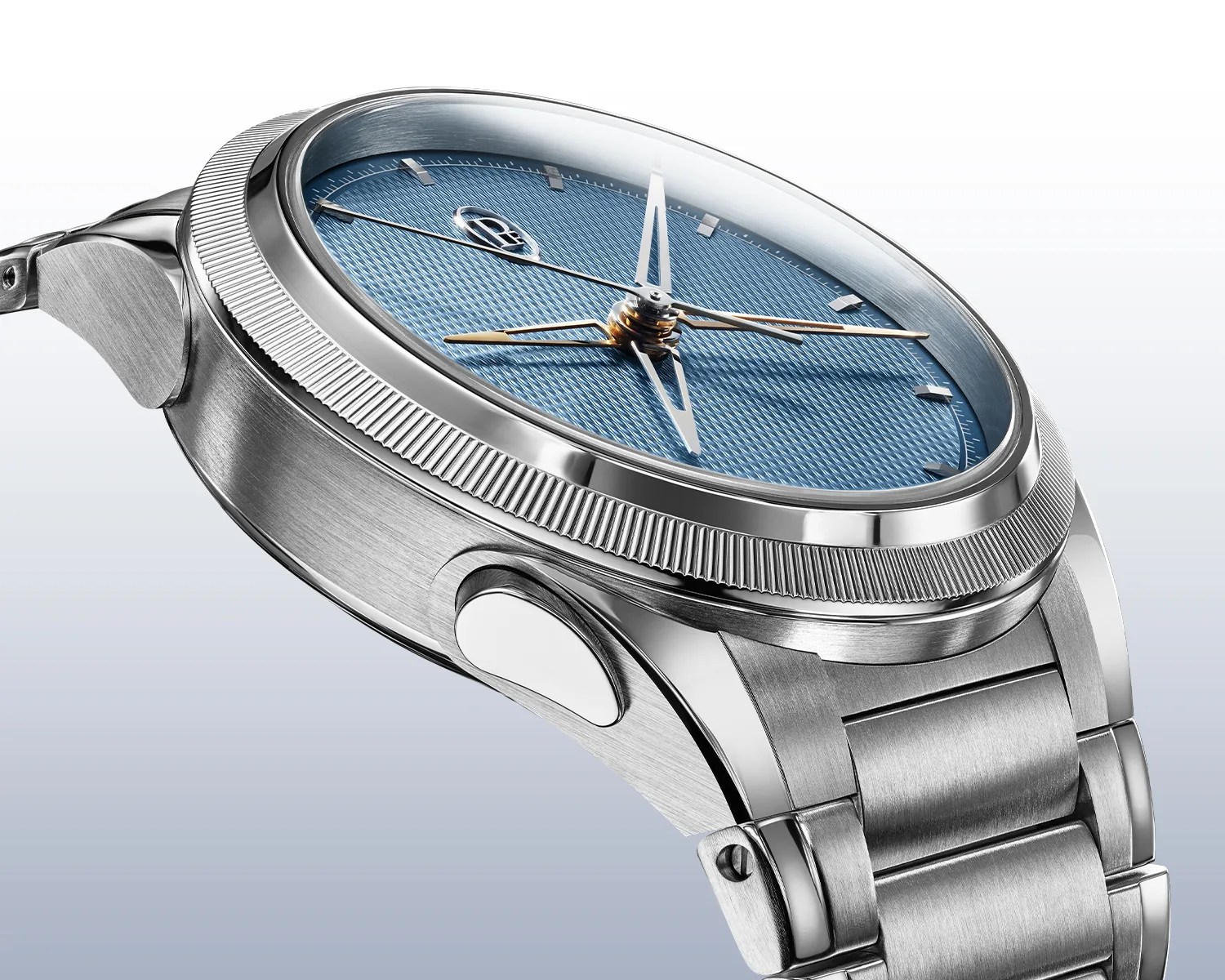 Silver stainless steel wristwatch with a textured blue dial and minimalist hour markers.
