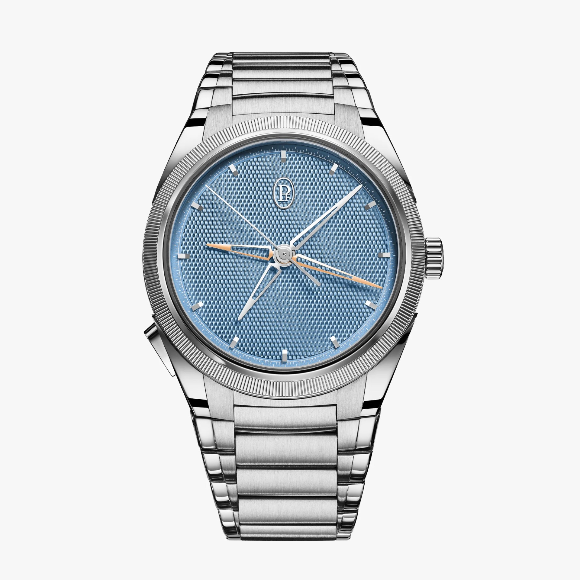 Silver stainless steel wristwatch with textured light blue dial and silver and orange hands.