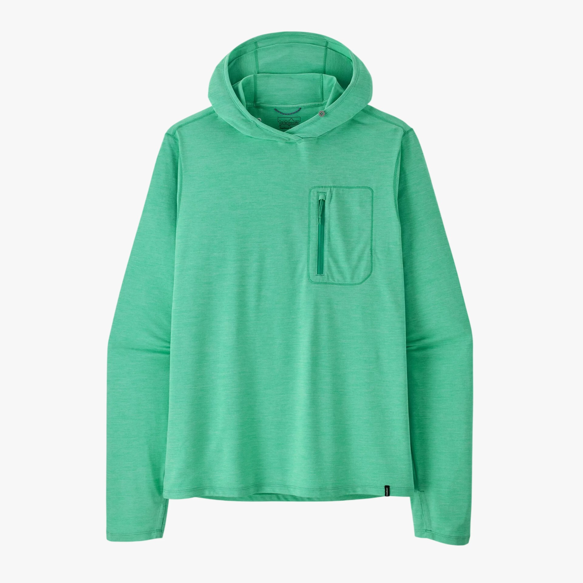Green long-sleeve hooded pullover with a zippered chest pocket.