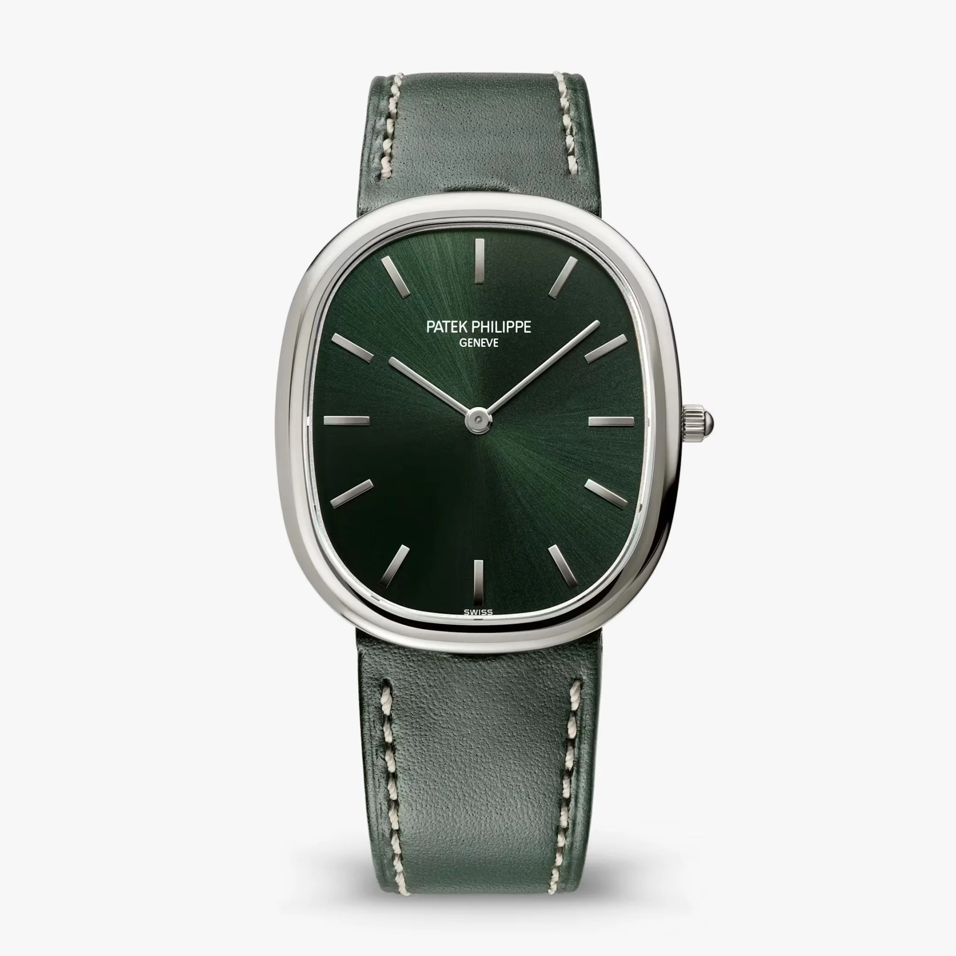 Green leather strap wristwatch with a green sunburst dial and silver rectangular hour markers.