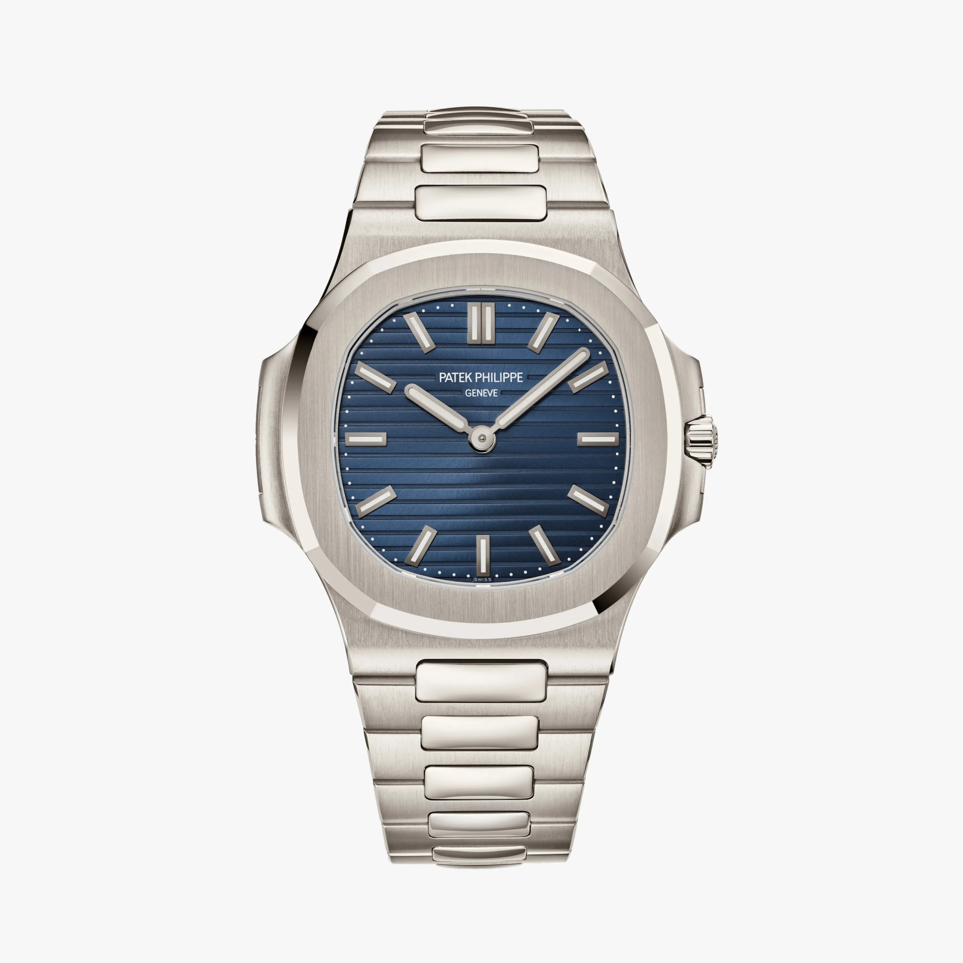 Silver stainless steel Patek Philippe wristwatch with blue horizontal-striped dial and silver hour markers.