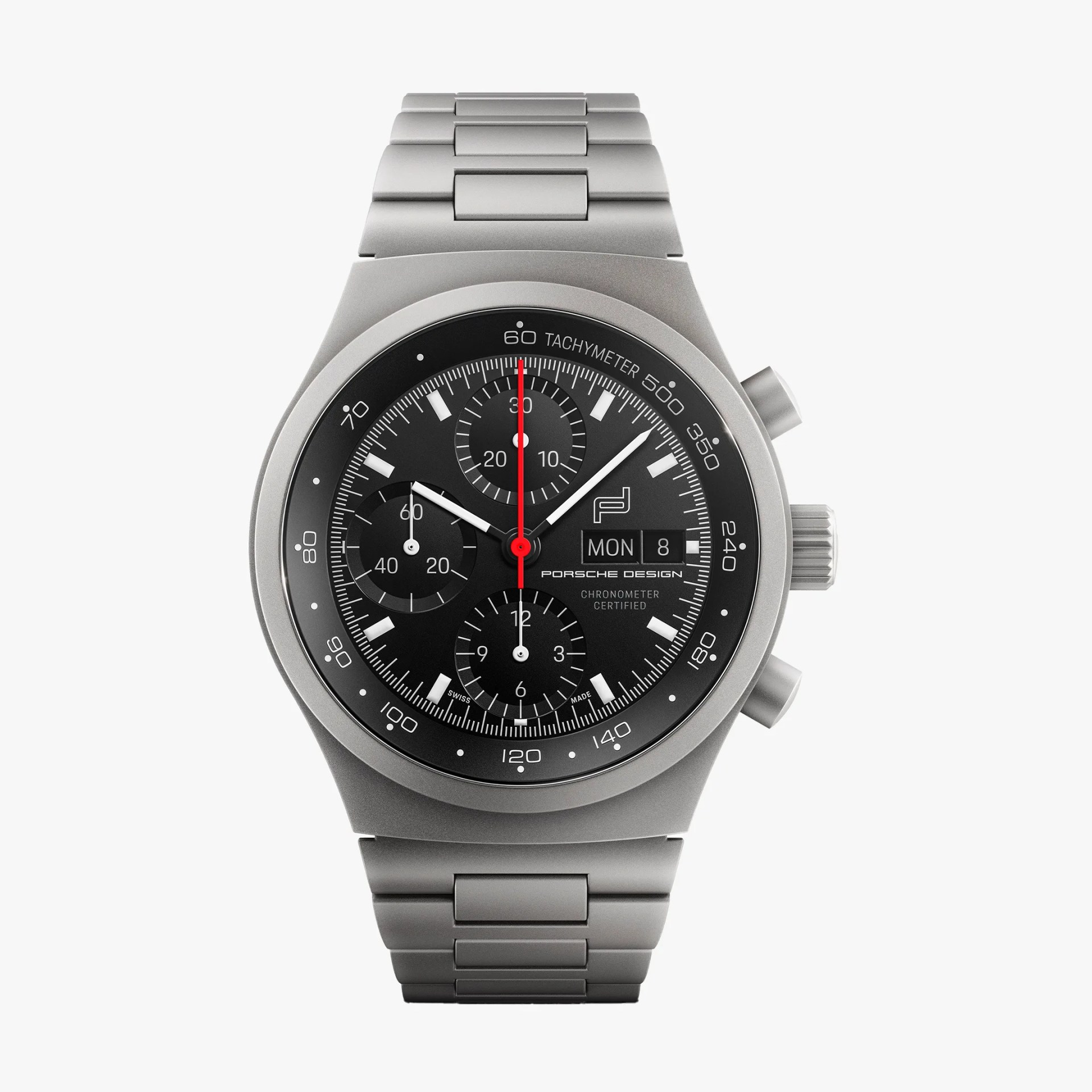 Matte titanium chronograph wristwatch with black dial, white markers, red second hand, and metal link bracelet.
