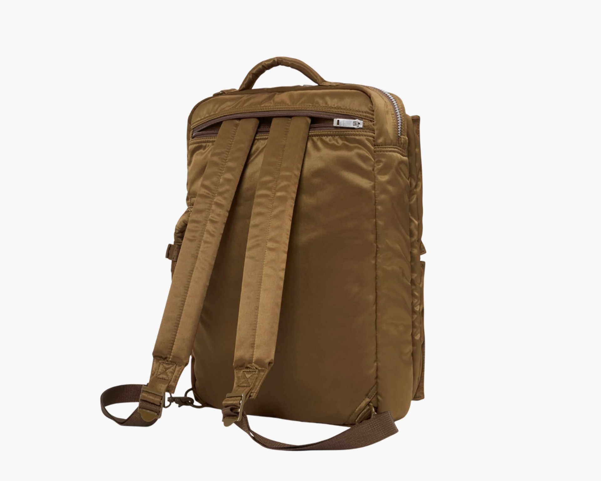 Brown nylon backpack with padded shoulder straps and a top handle, shown from the back.