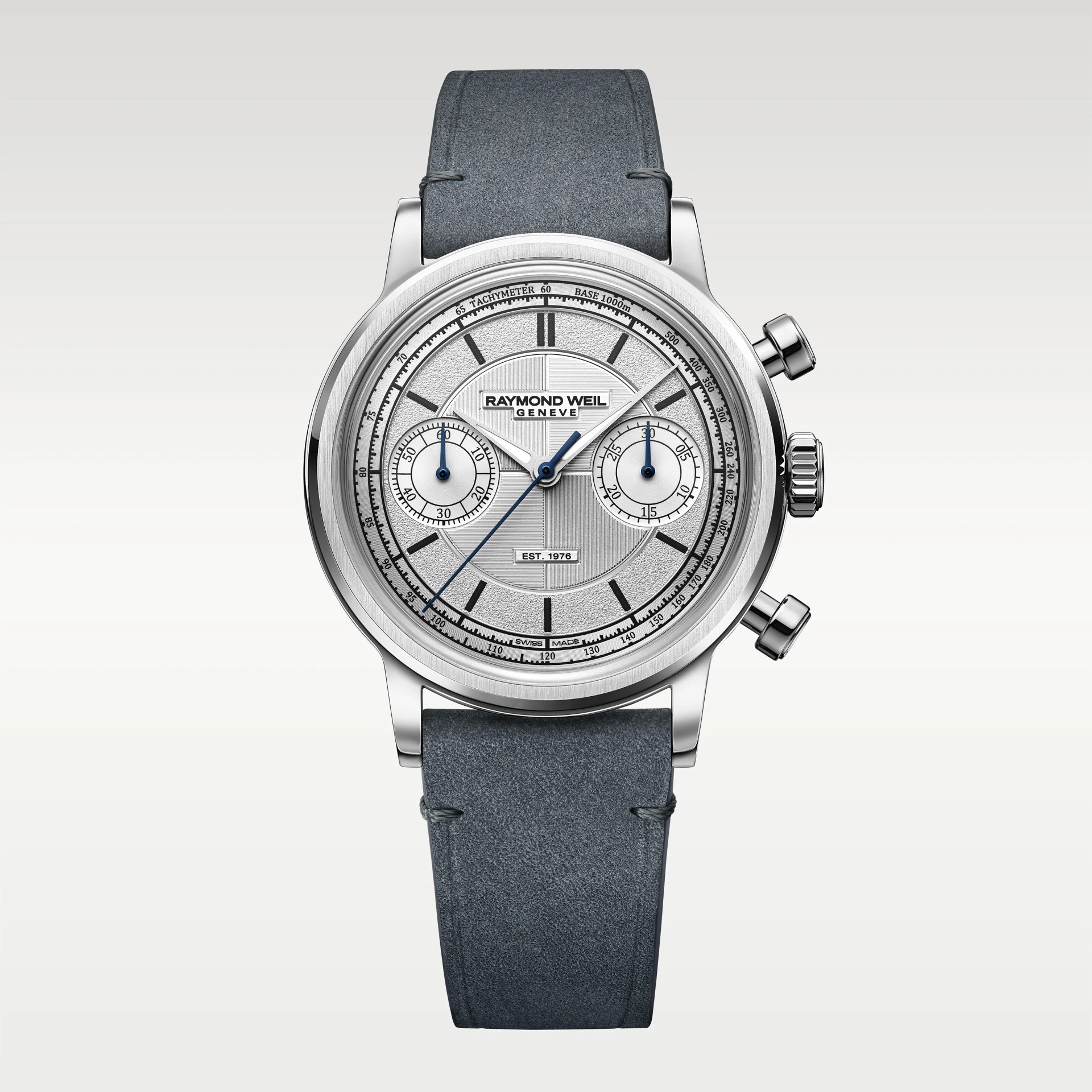 Silver Raymond Weil chronograph watch with textured dial, blue hands, and gray leather strap.