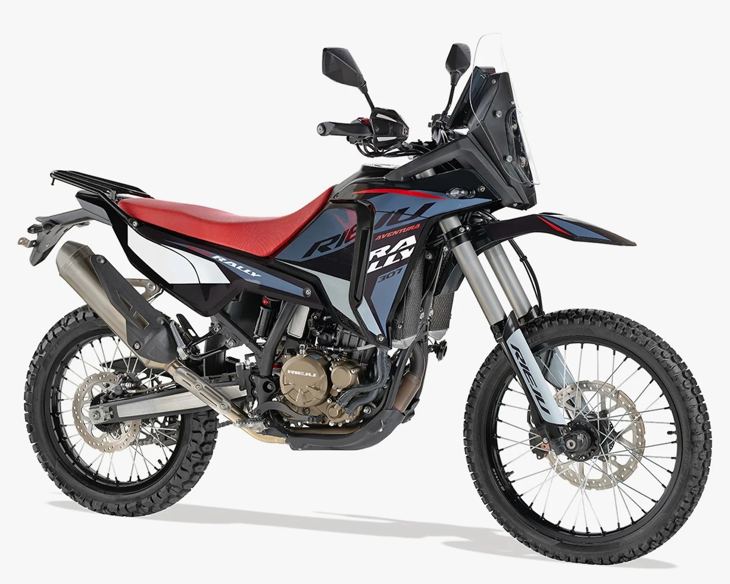 Black and gray off-road motorcycle with a red seat and knobby tires on a white background.
