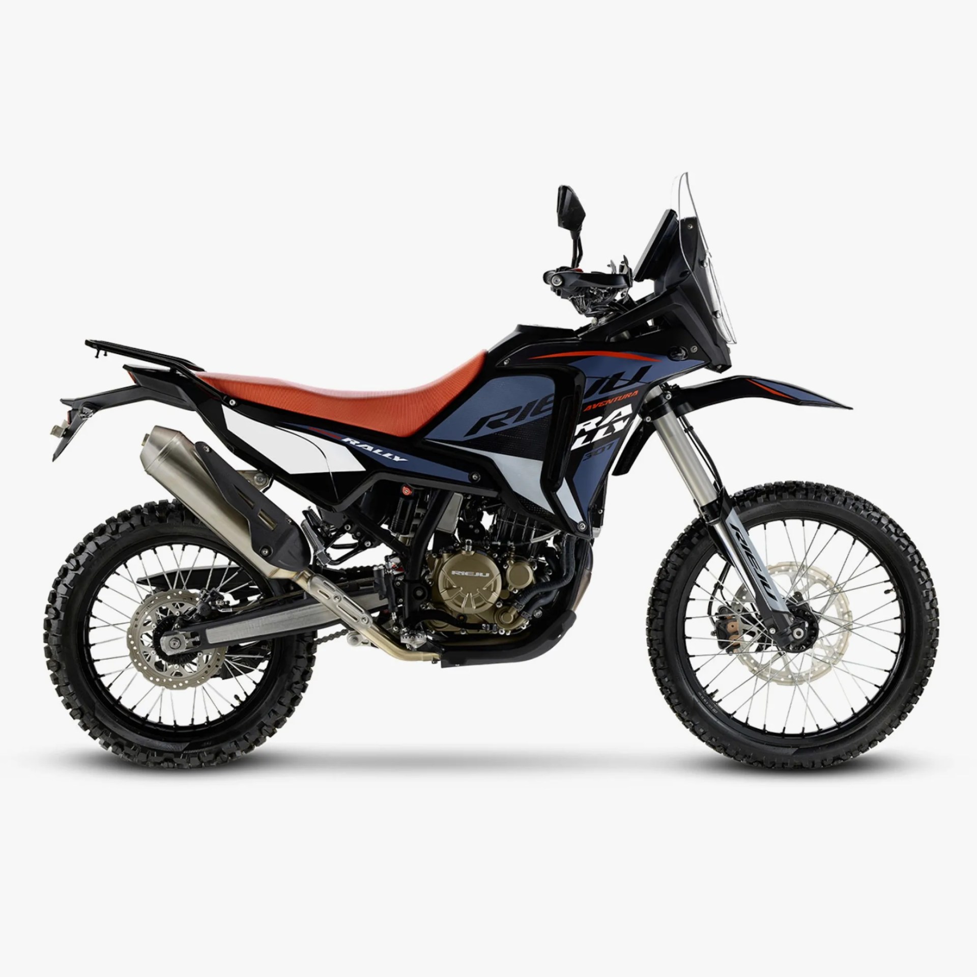 Black and blue off-road motorcycle with knobby tires and a brown seat on a white background.