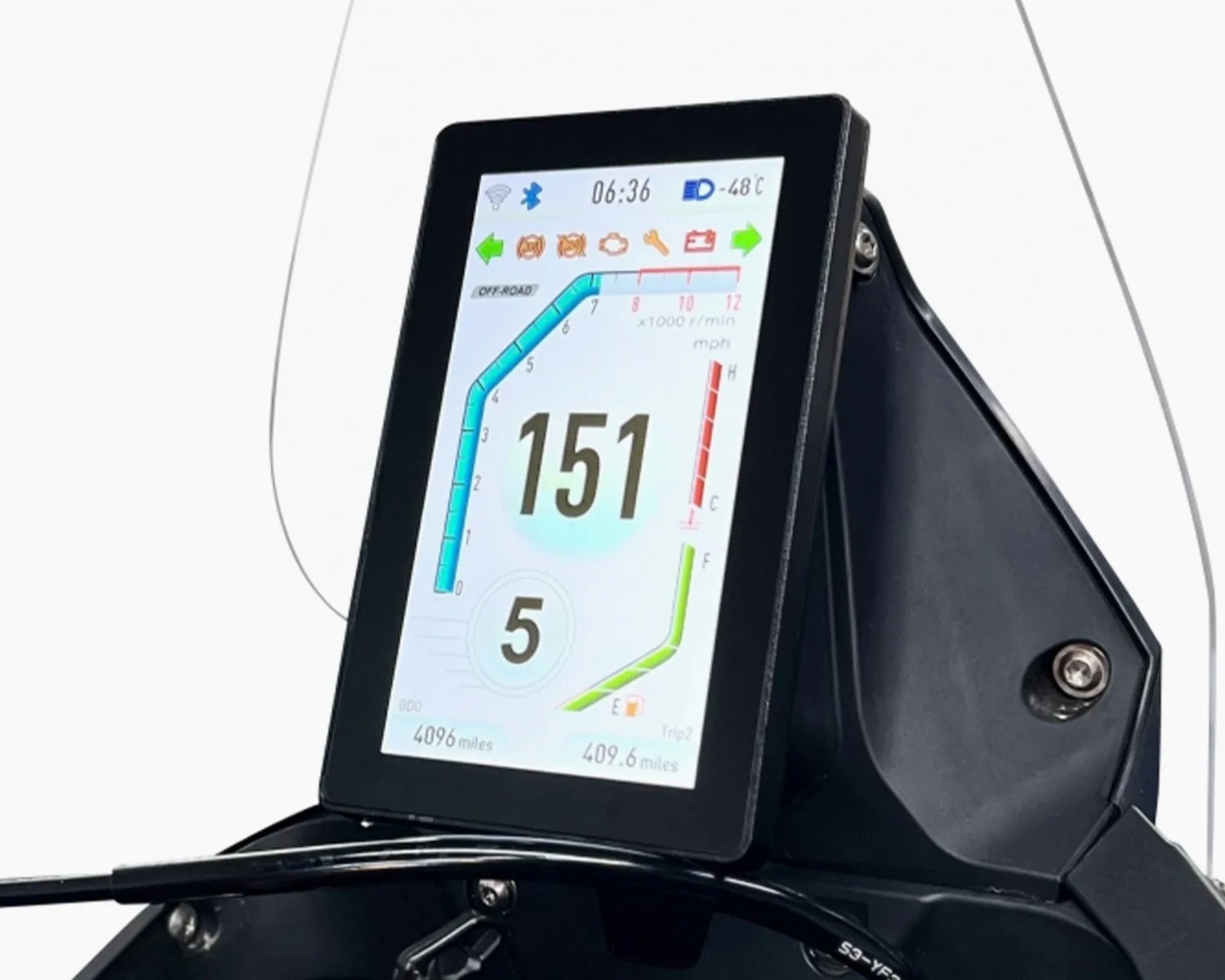 Motorcycle digital dashboard display showing speed 151 mph, gear 5, and various indicators.