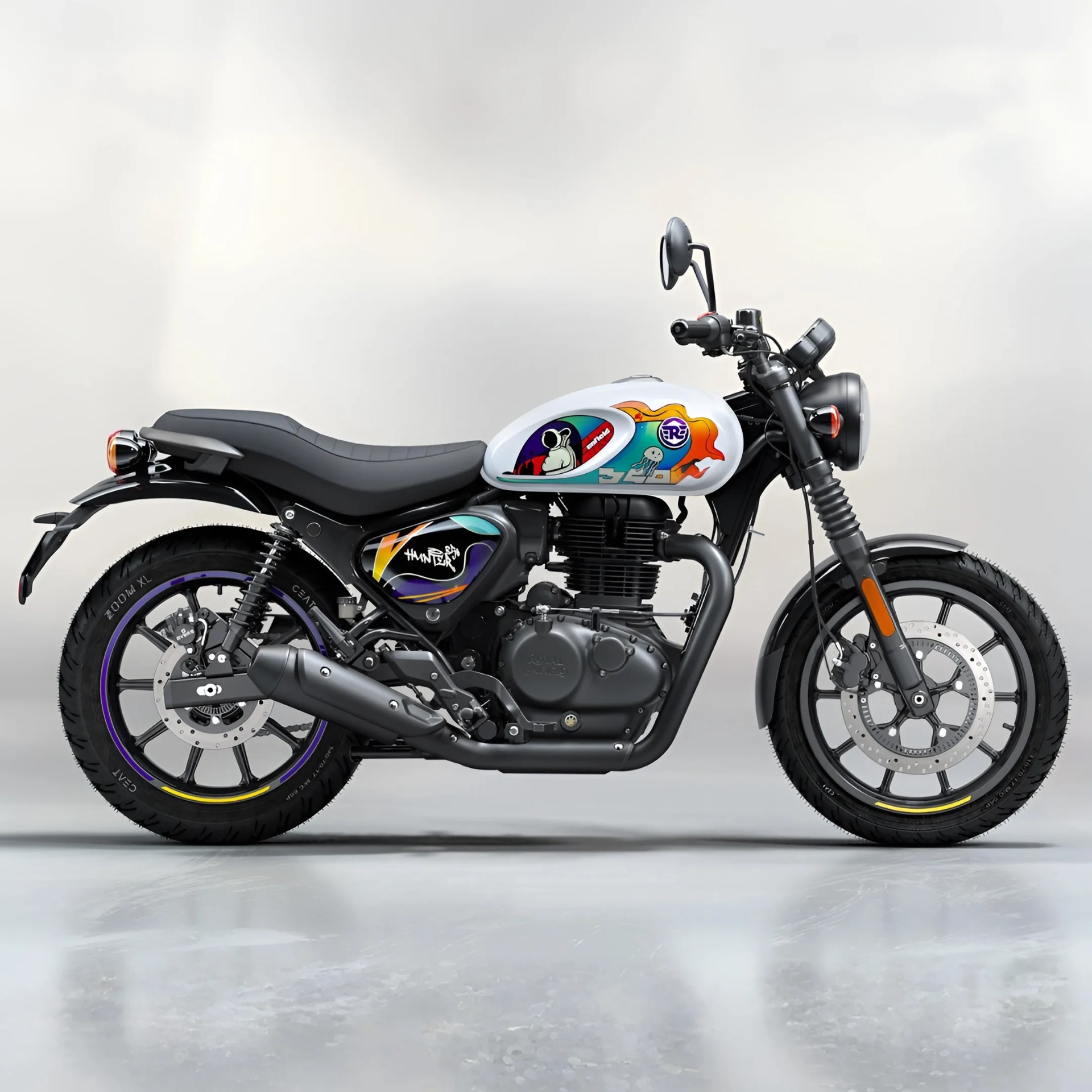Black and white Royal Enfield motorcycle with colorful graphic decals on the fuel tank and side panel.
