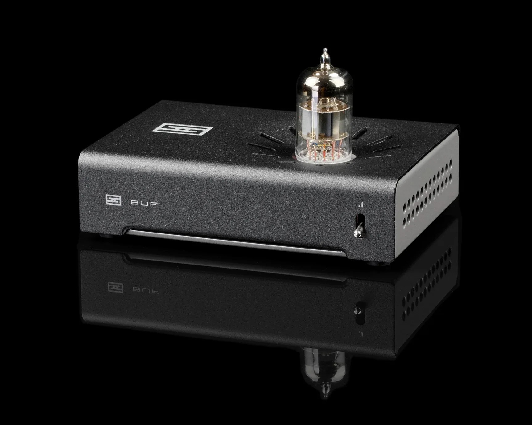 Black rectangular audio amplifier with a visible vacuum tube on top and ventilation holes on the side.