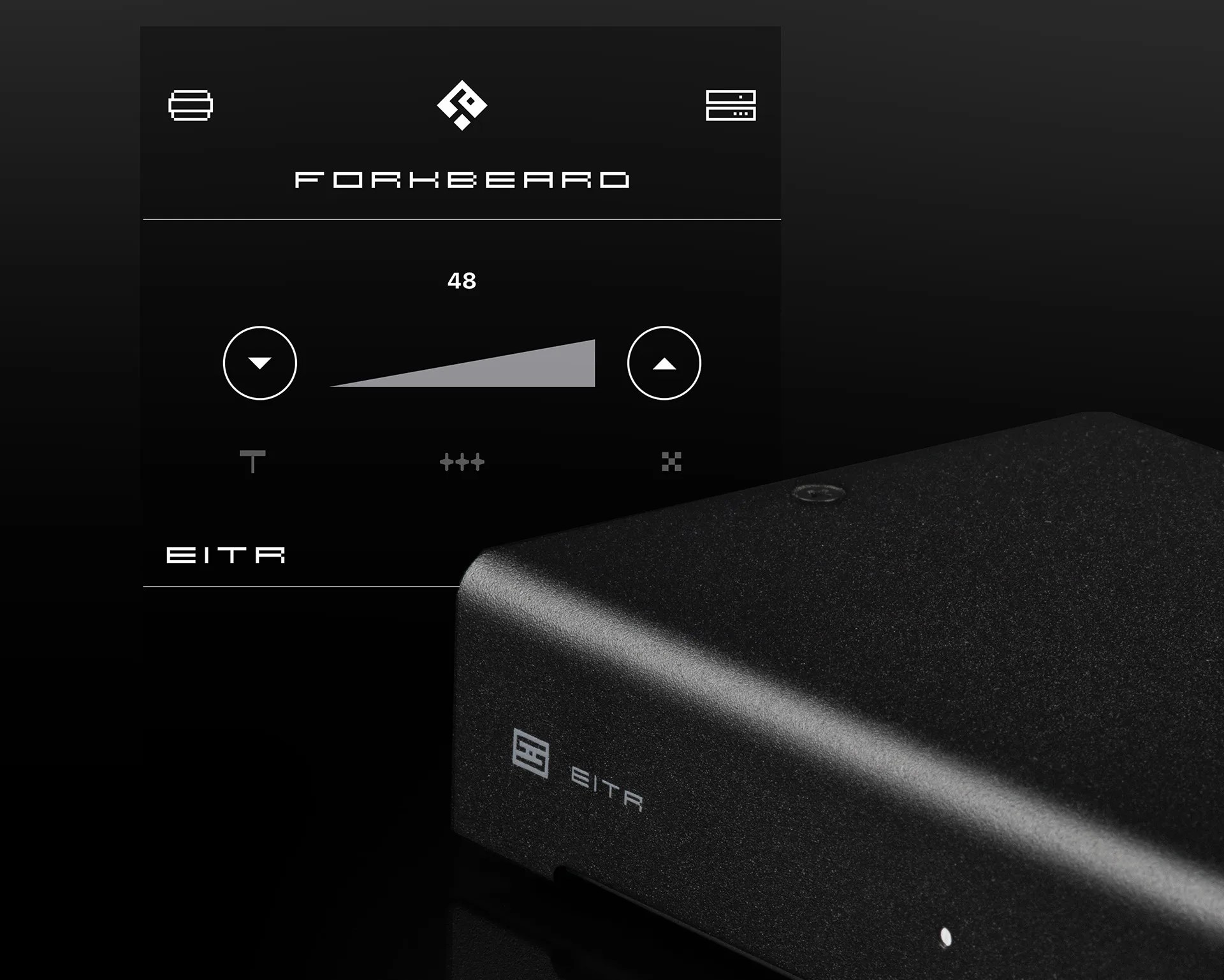 Black rectangular audio device labeled "EITR" with a digital volume control interface showing level 48.