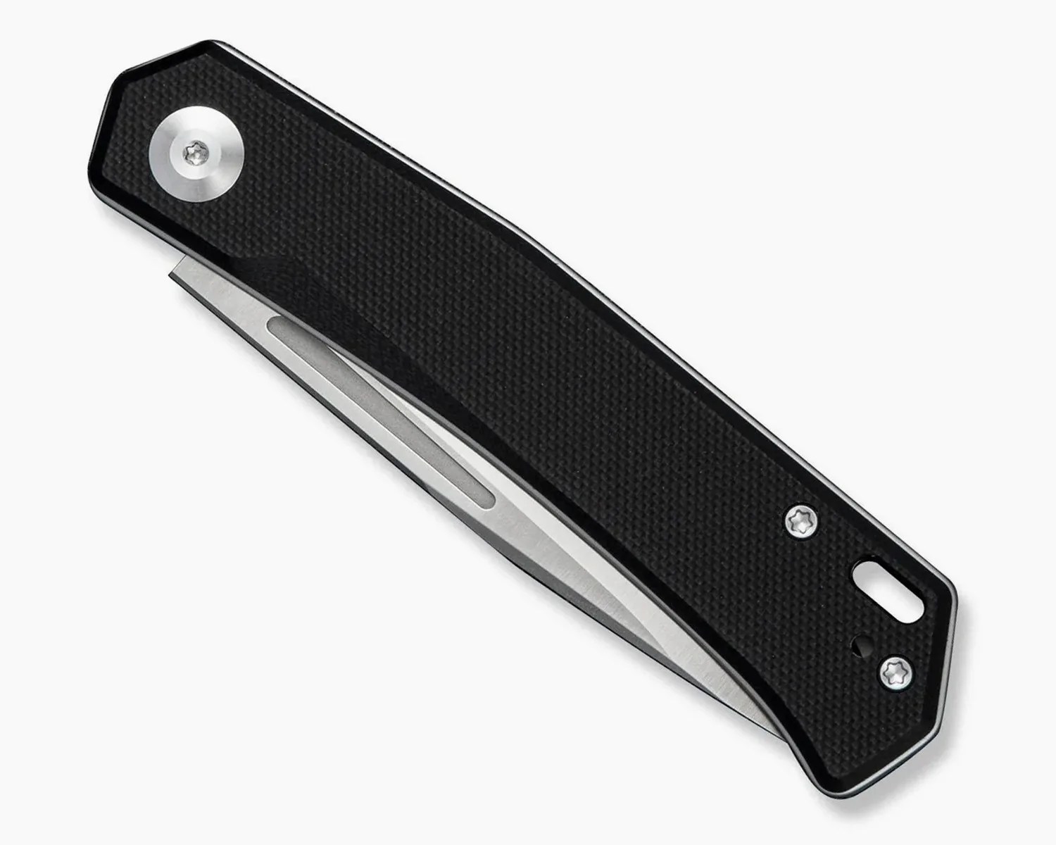 Closed black folding knife with textured handle and partially visible silver blade.