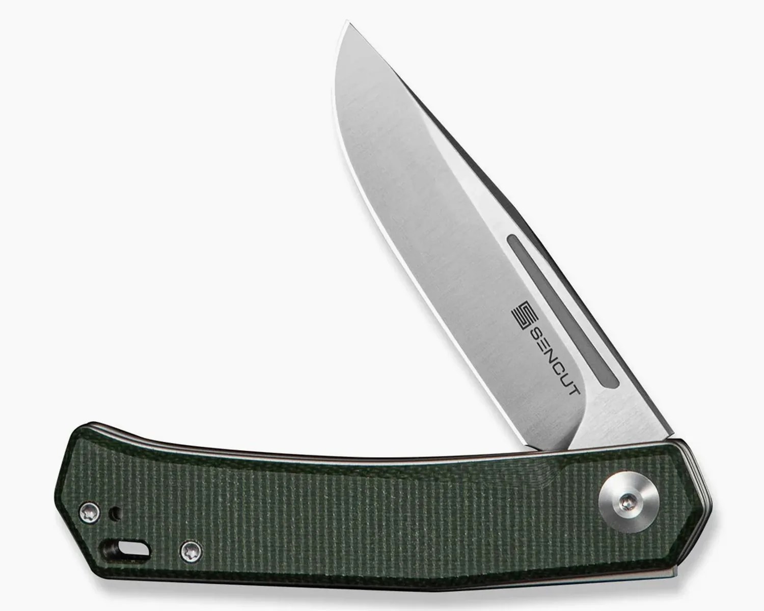 Folding pocket knife with a partially open stainless steel blade and dark green textured handle.