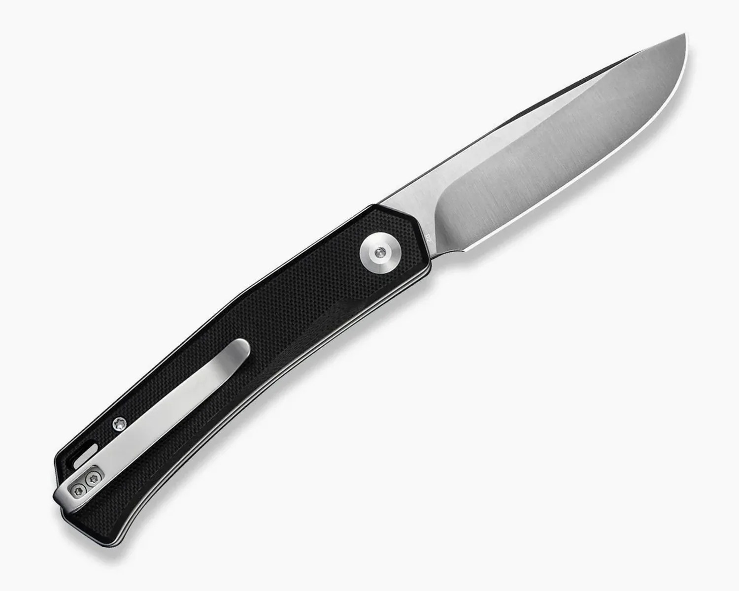 Folding pocket knife with a black textured handle and a stainless steel blade.