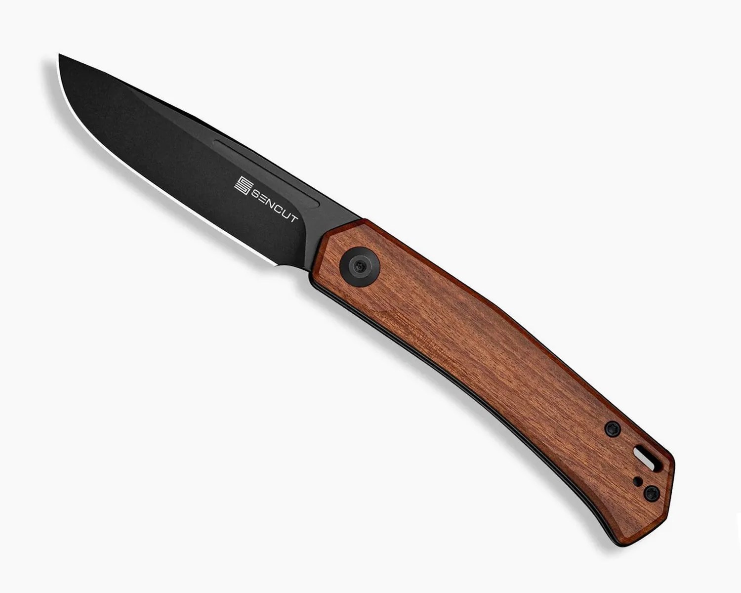 Folding knife with black blade and wooden handle marked "SENCUT.