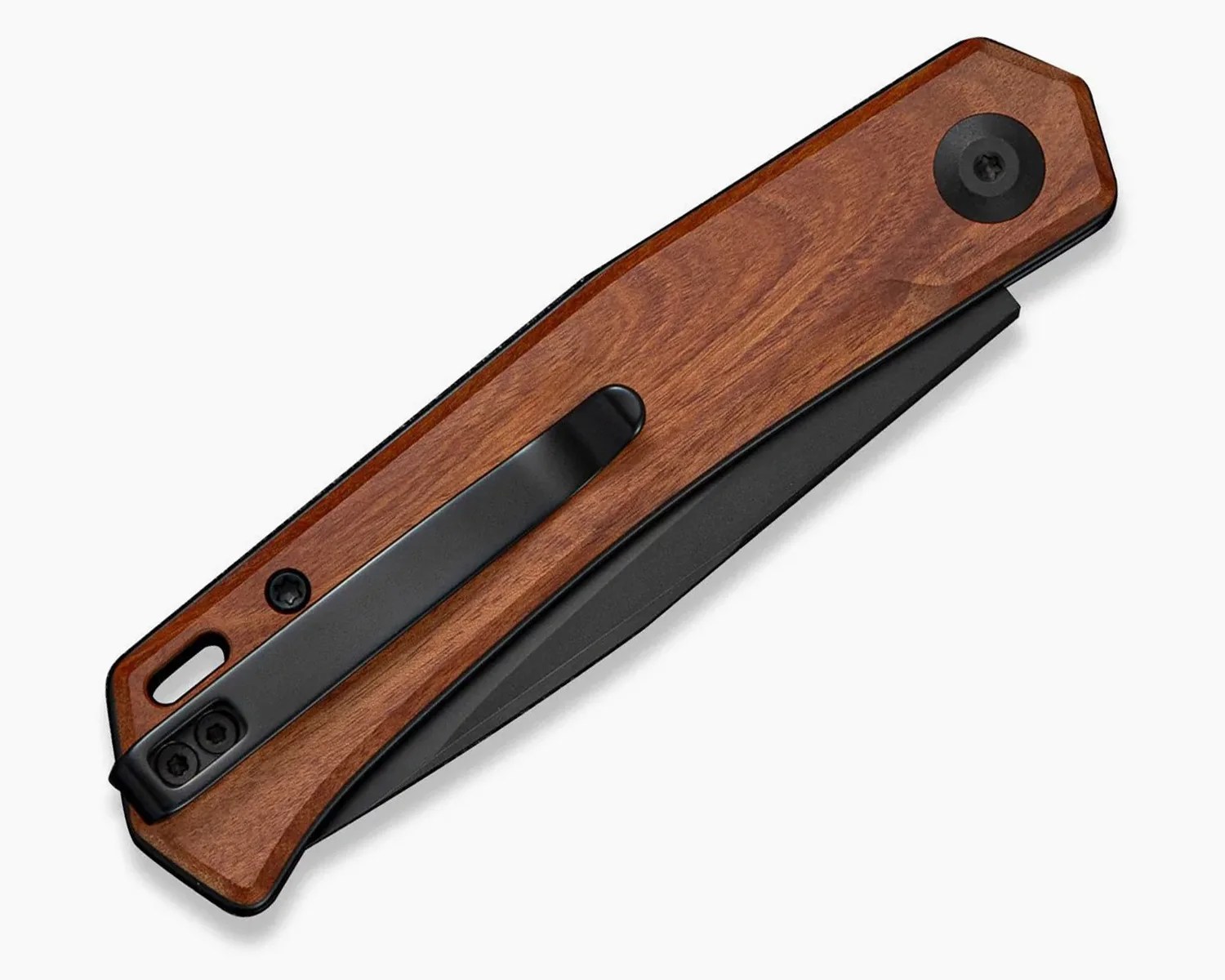 Folded pocket knife with a wooden handle and black metal clip on a white background.