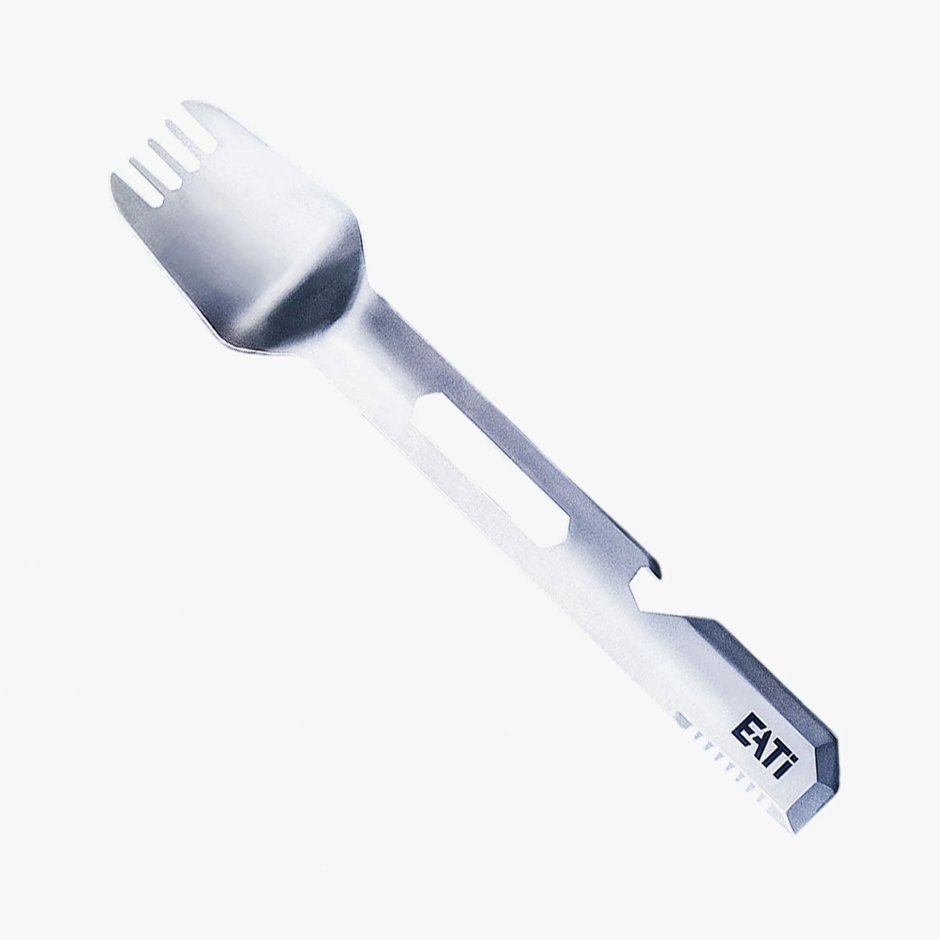 Silver multi-tool spork with fork tines, bottle opener, and serrated edge, branded "EATI.