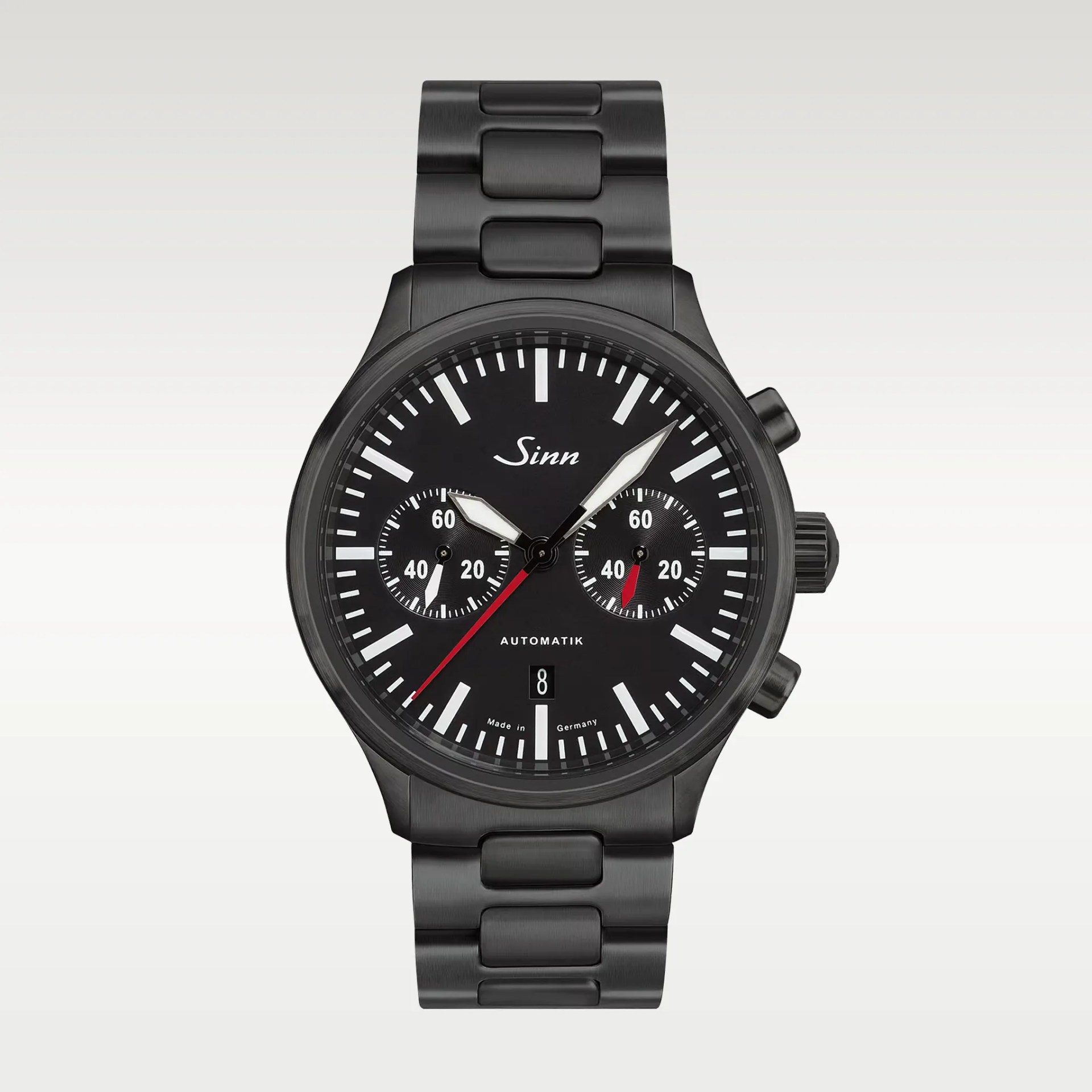 Black Sinn automatic chronograph watch with black metal bracelet and white markers on the dial.
