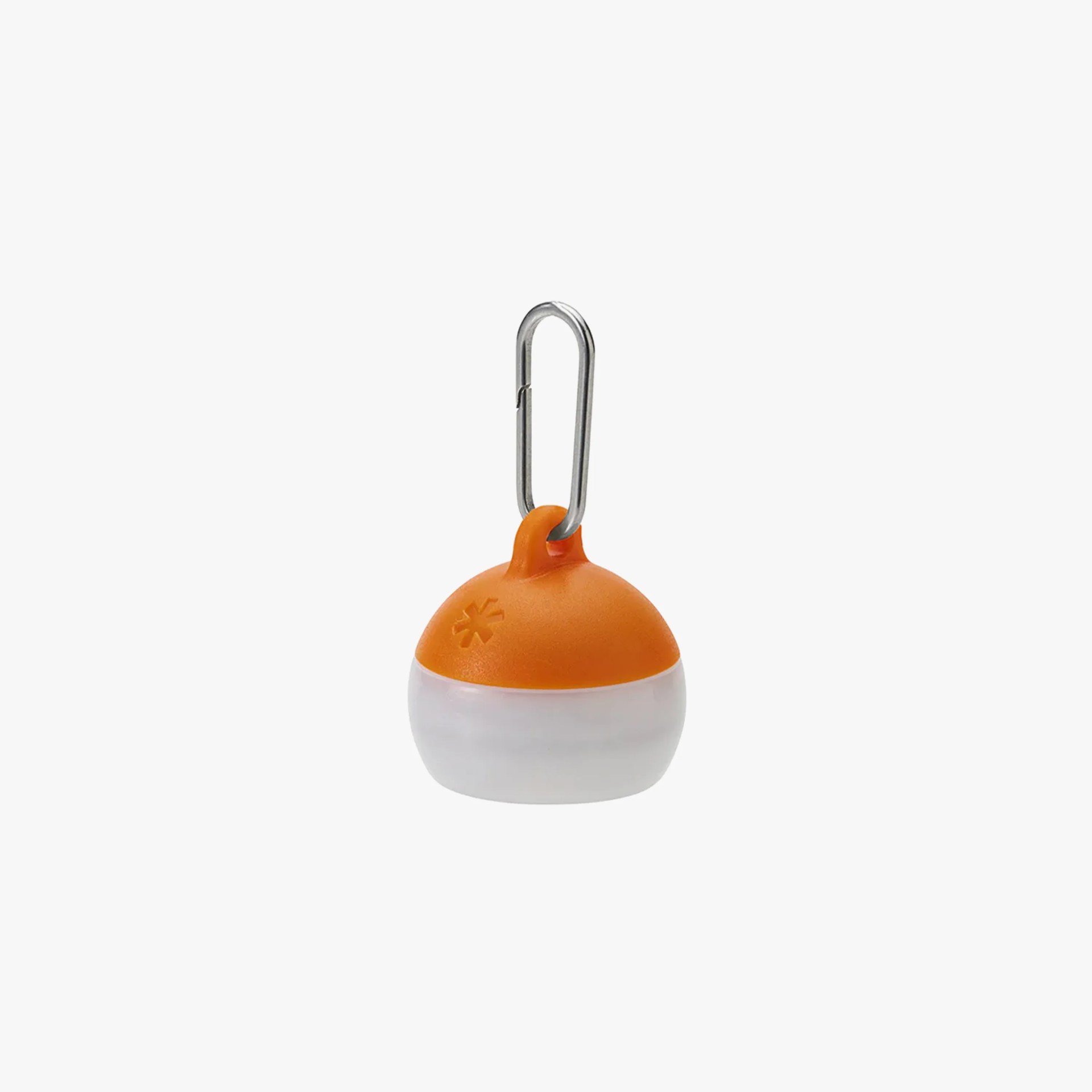Orange and white portable LED lantern with a metal carabiner clip attached at the top.