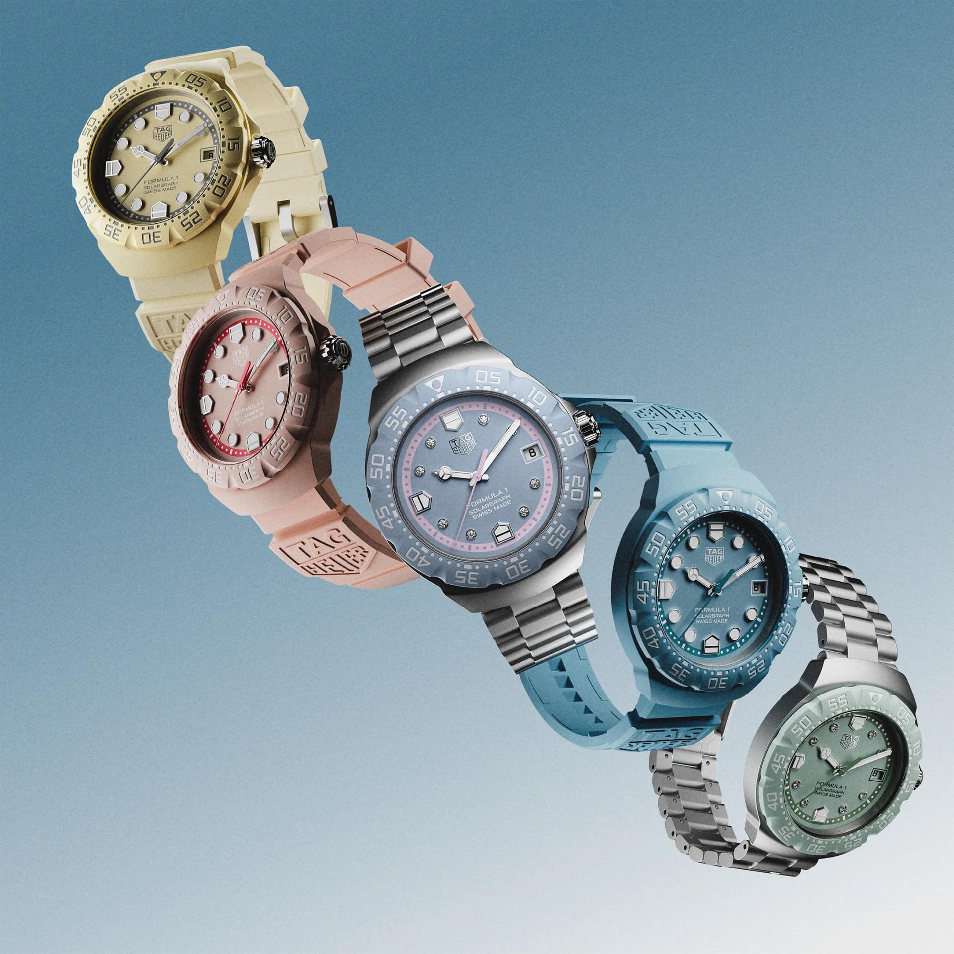 Five TAG Heuer Formula 1 Solargraph watches in pastel yellow, pink, blue, teal, and green with rubber and metal straps on a gradient blue background.