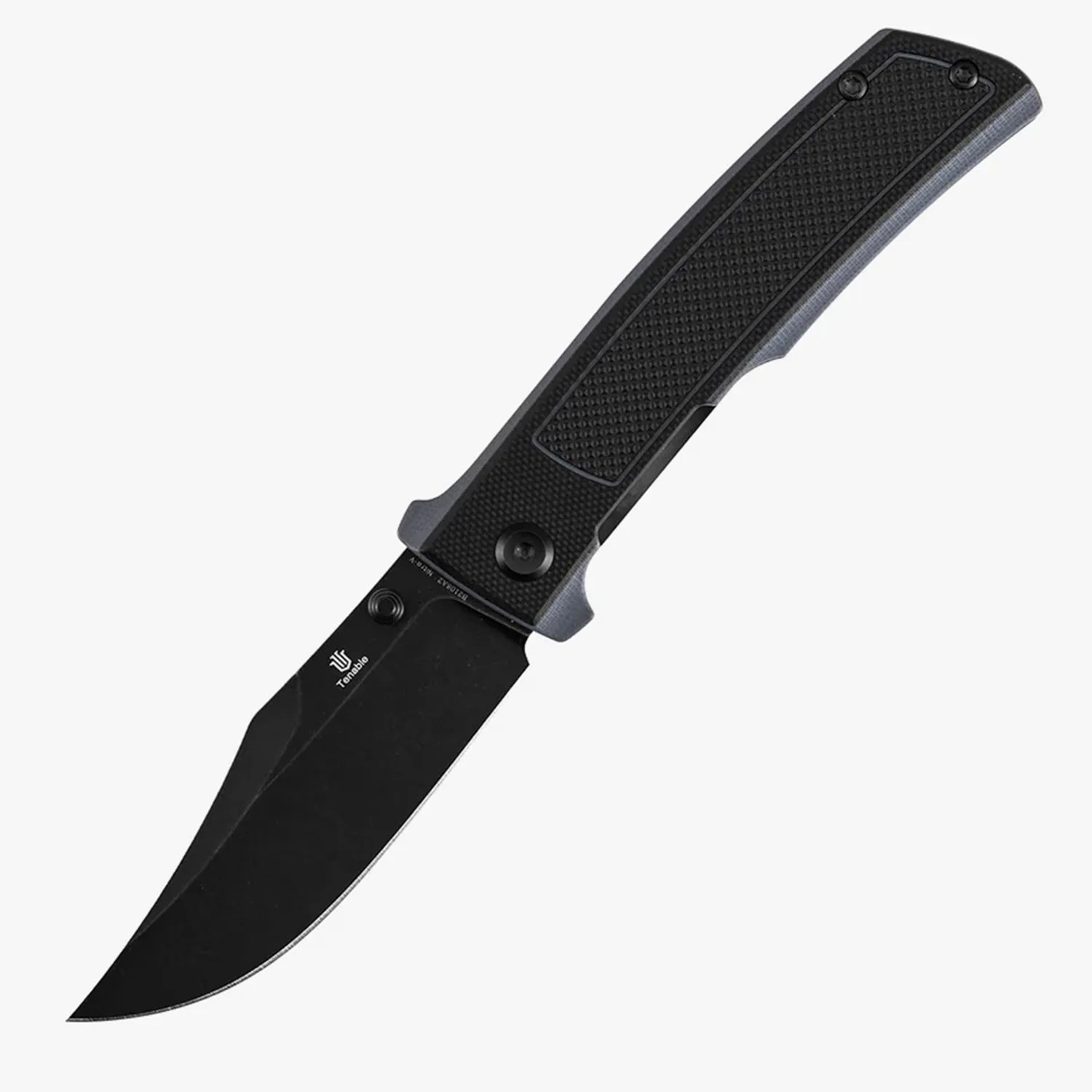 Black folding knife with textured handle and partially serrated blade, shown open on a white background.