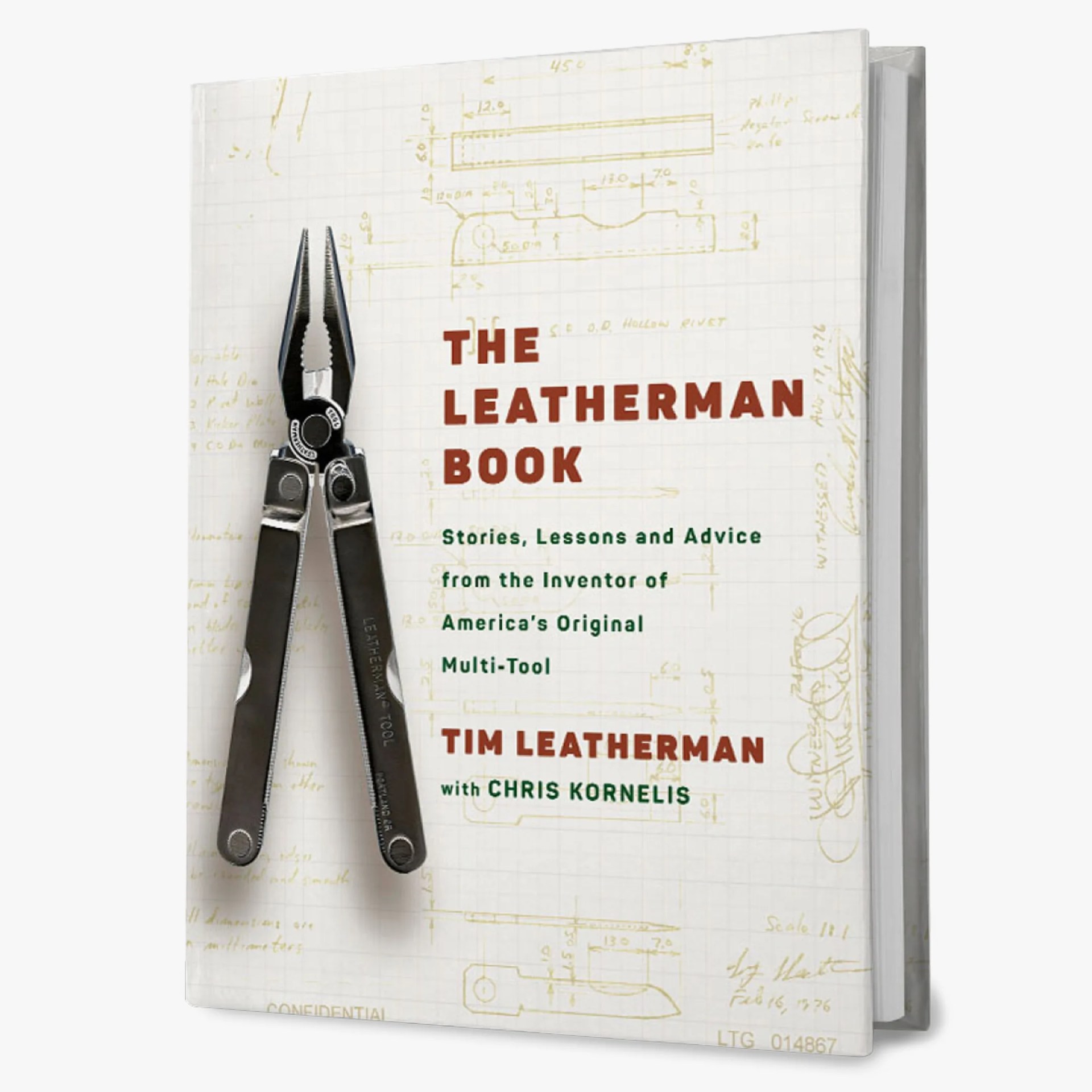 Hardcover book titled "The Leatherman Book" with a black multitool plier attached to the front cover.