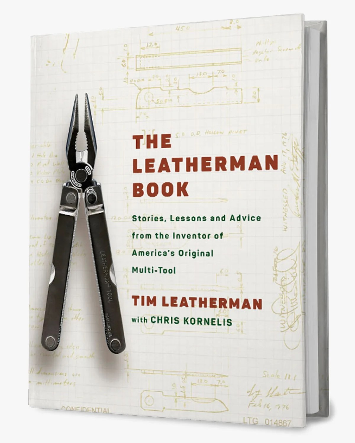 Hardcover book titled "The Leatherman Book" with a black multi-tool plier attached to the cover.