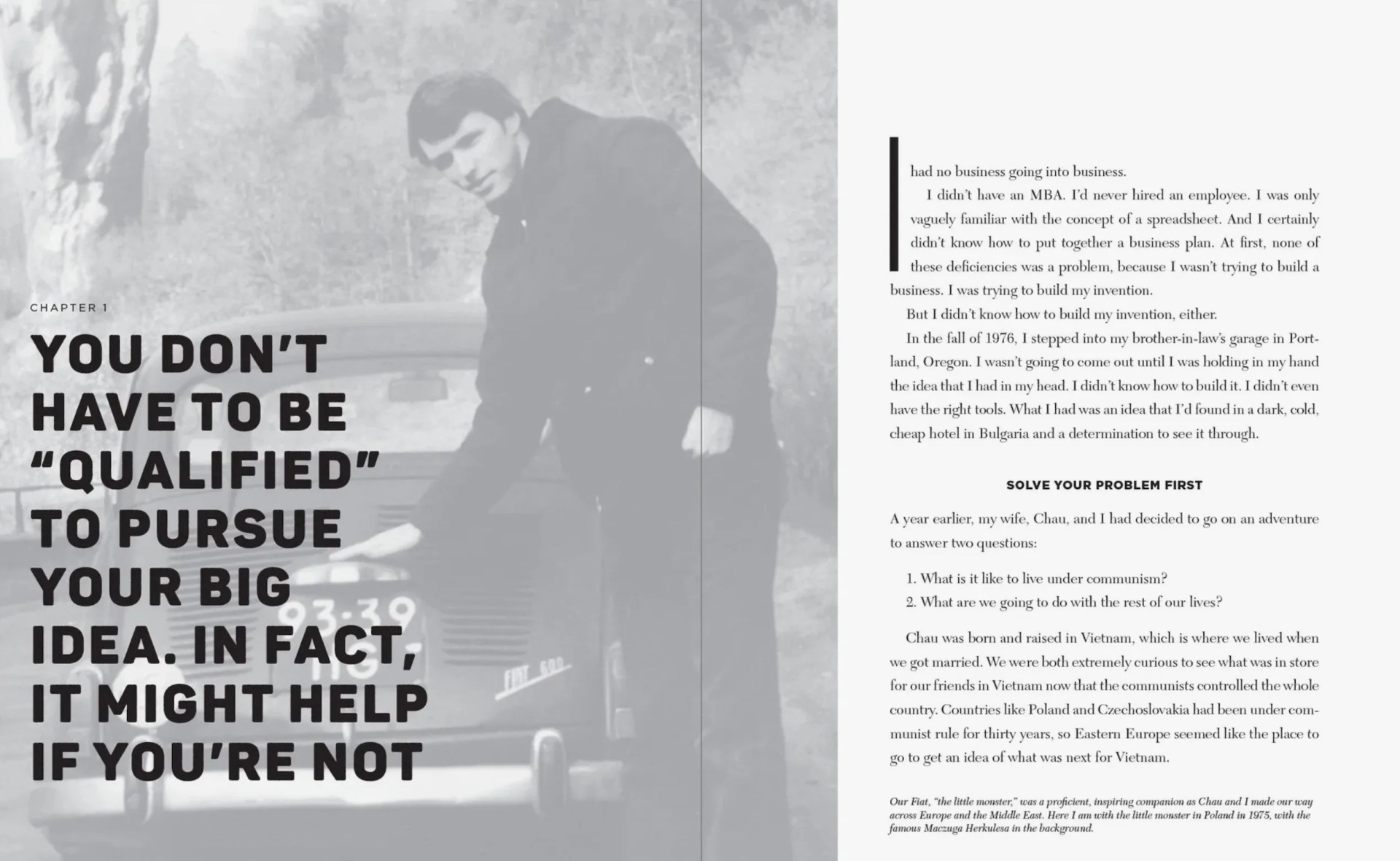 Two-page book spread with a black-and-white photo of a man leaning on a vintage Fiat car on the left and text on the right, featuring a large bold quote about not needing to be qualified to pursue big ideas.