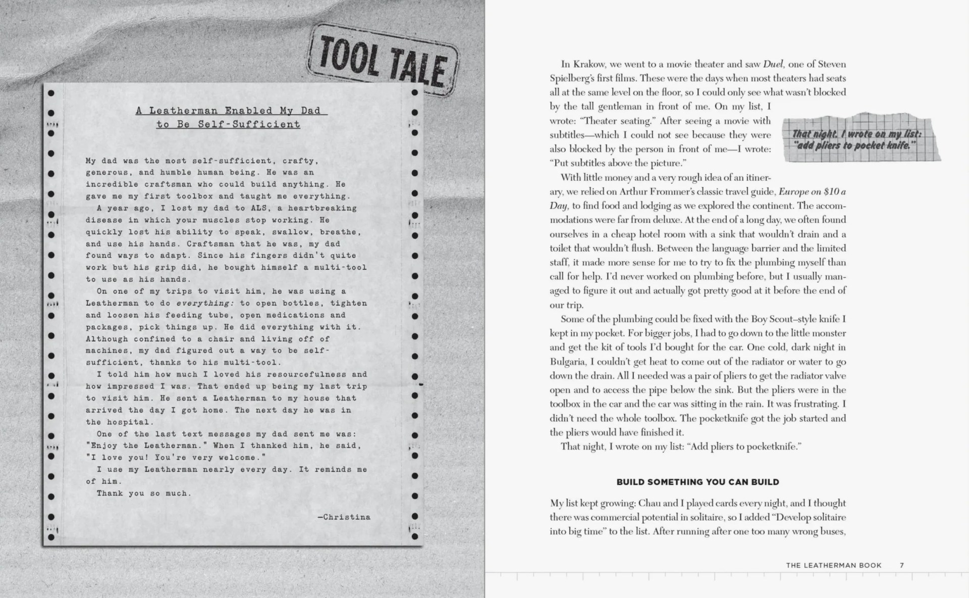 Two-page spread from a book titled "Tool Tale" featuring a typed letter about a dad using a Leatherman multi-tool and a story about travel and adding pliers to a pocketknife list.