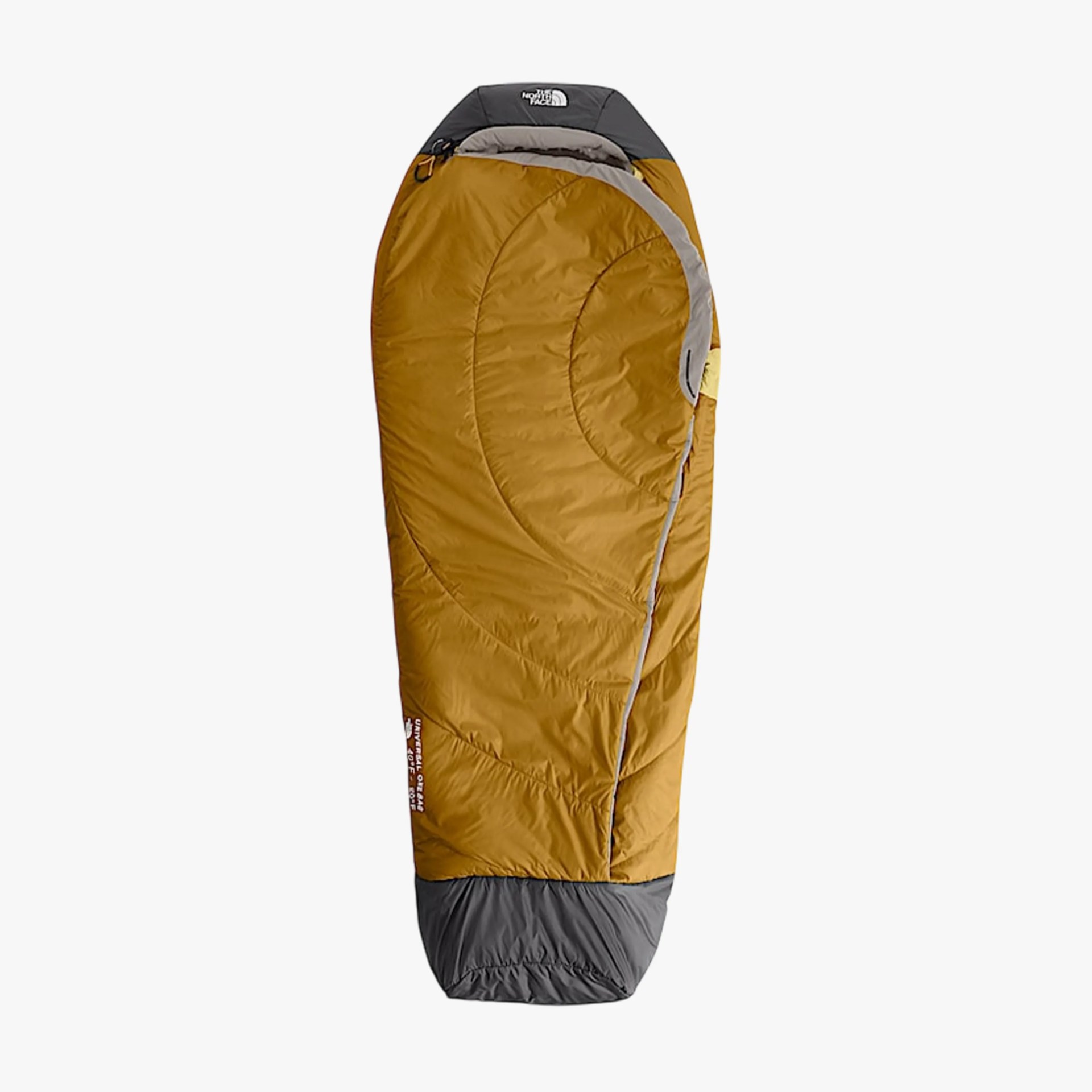 Mummy-style sleeping bag in mustard yellow with gray hood and foot section, featuring The North Face logo.