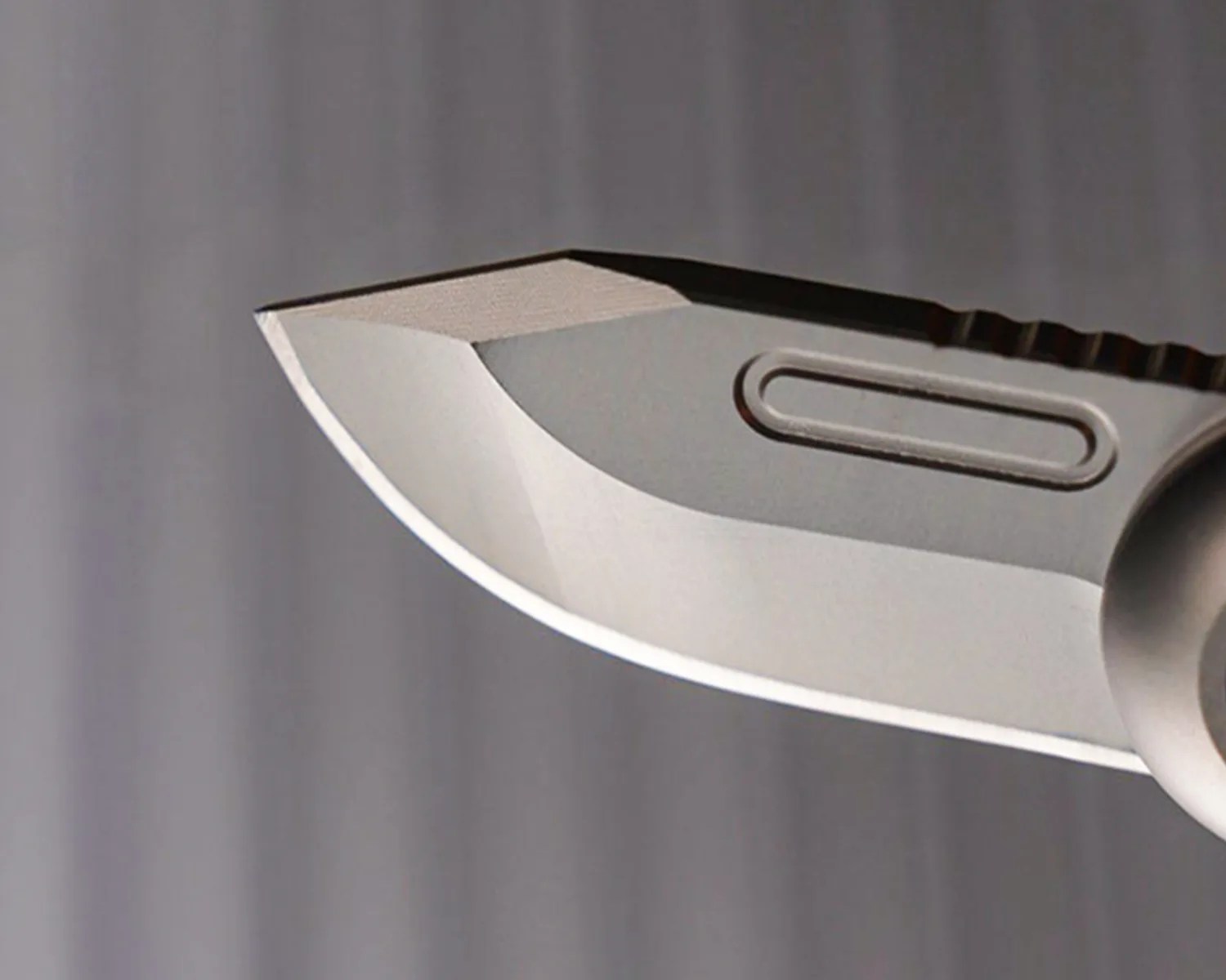 Close-up of a silver tanto-style knife blade with a sharp edge and a groove near the spine.