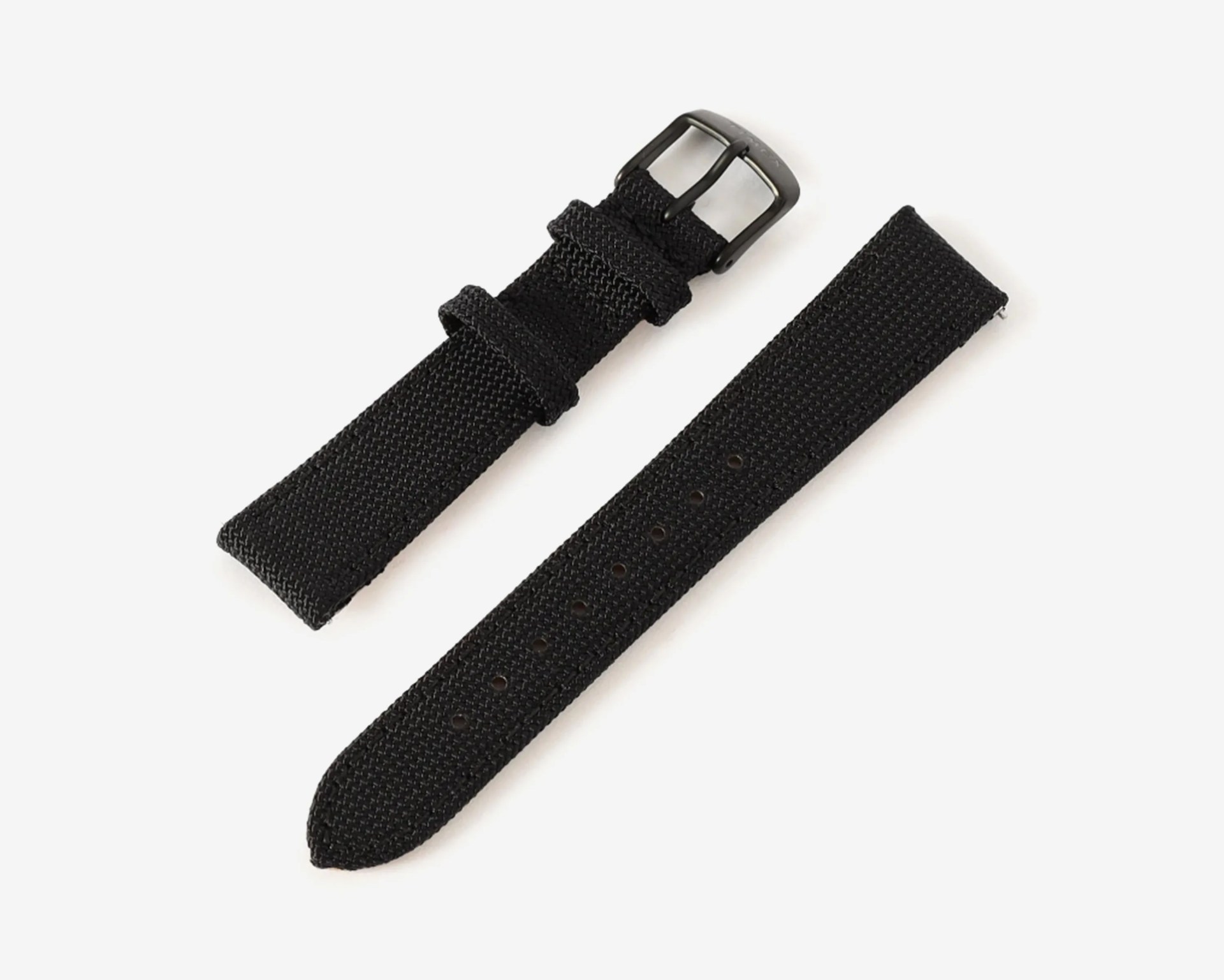 Black woven nylon watch strap with black metal buckle on a white background.