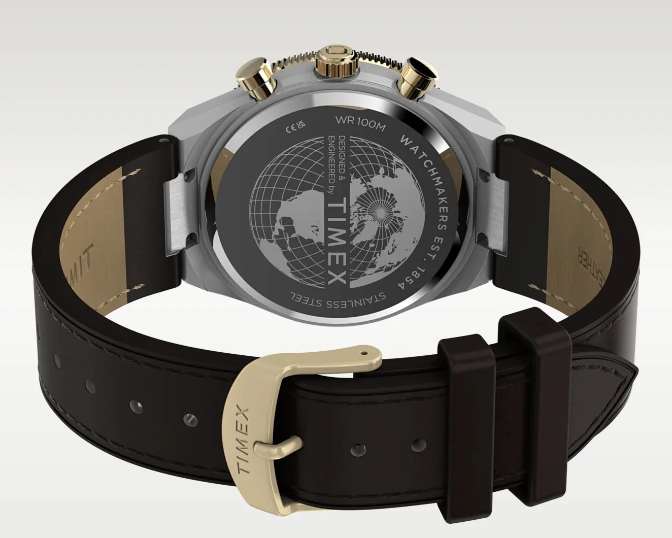 Back view of a Timex watch with a black leather strap, gold-tone buckle, and stainless steel case back engraved with a world map.