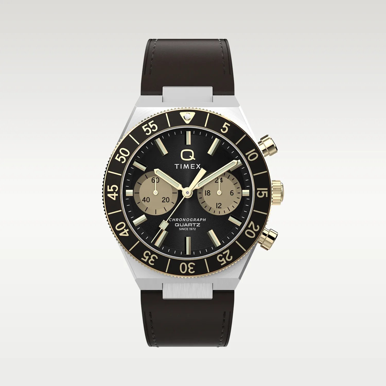 Timex chronograph quartz watch with black dial, gold-tone accents, and dark brown leather strap.