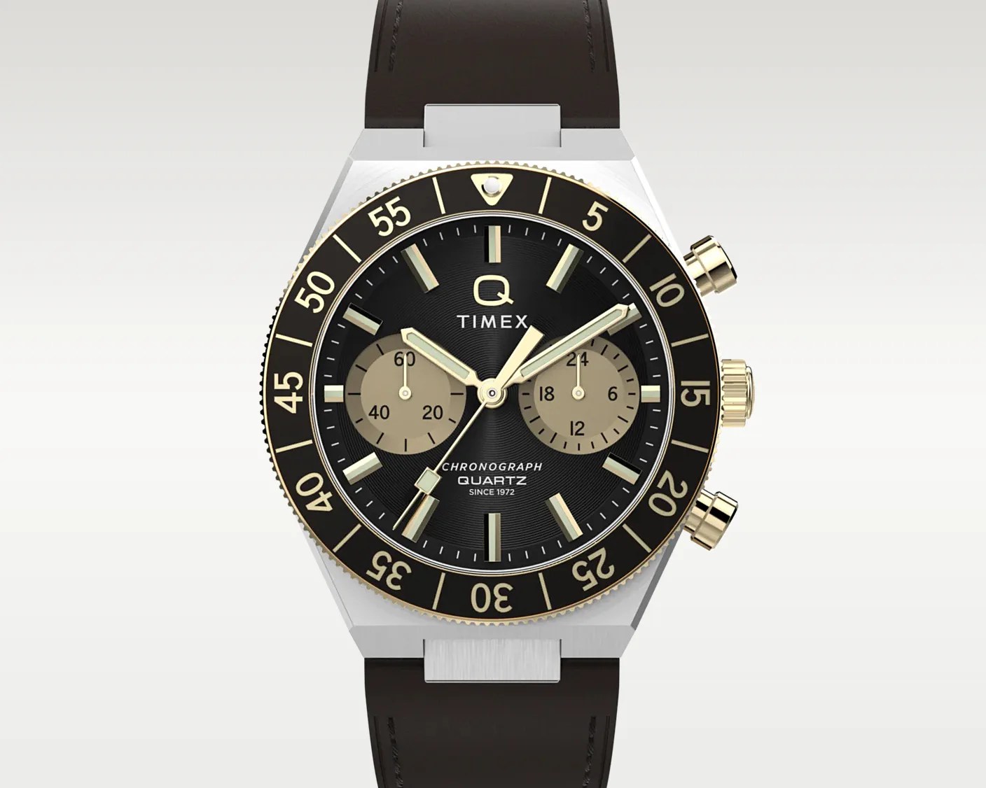 Black and gold Timex Q chronograph watch with two beige subdials and a black leather strap.