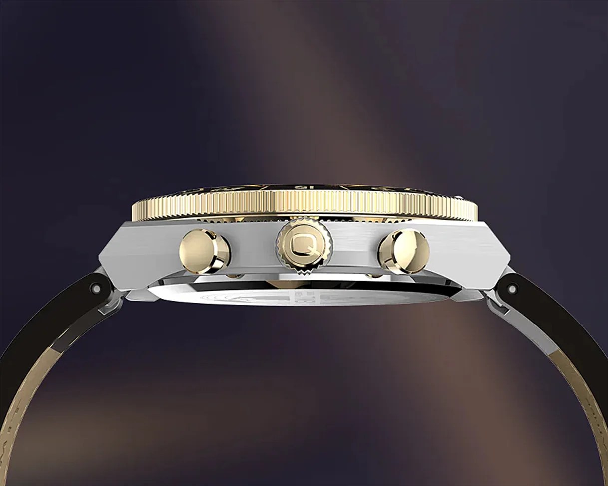 Side view of a wristwatch with a silver case, gold bezel and buttons, and a black strap.