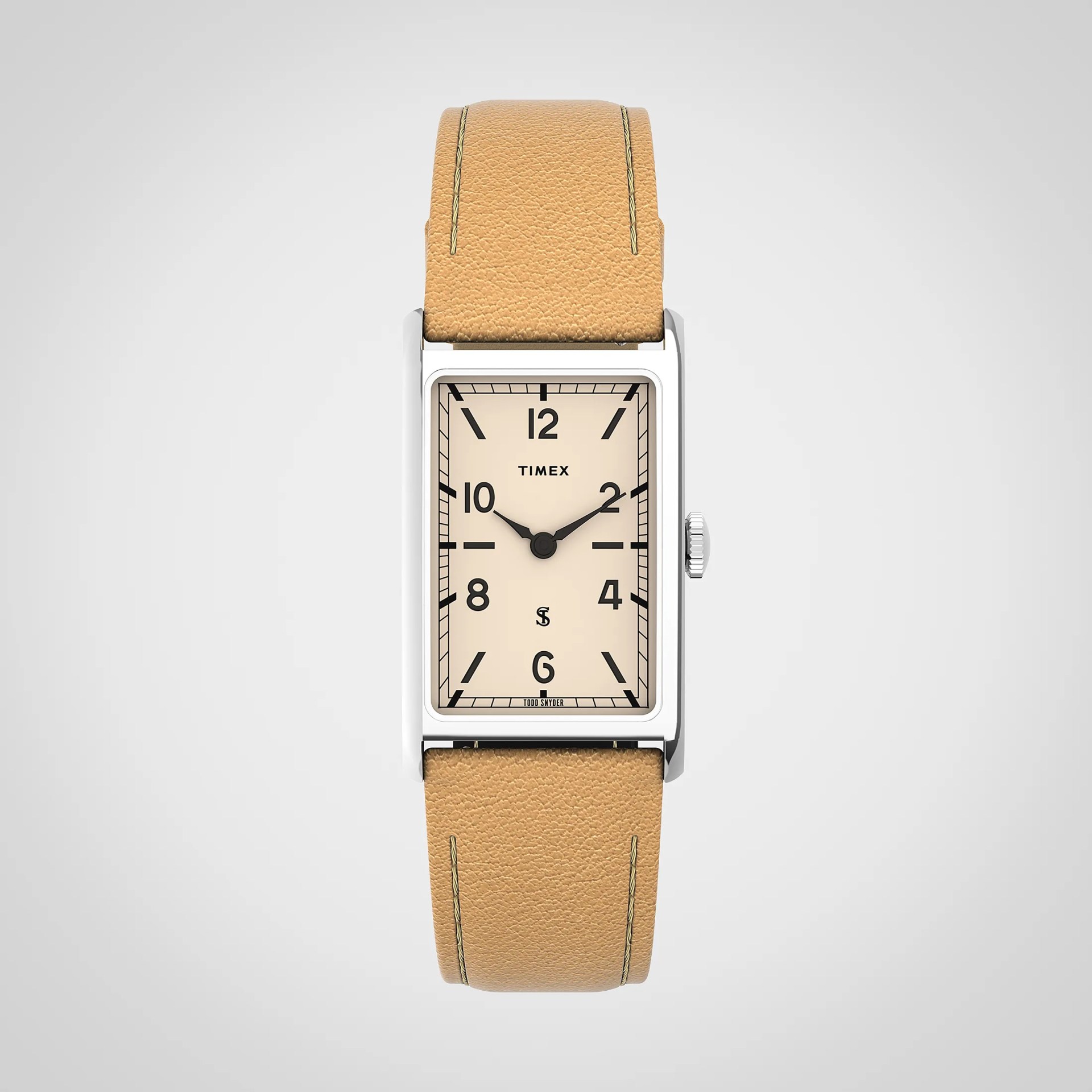 Rectangular silver Timex watch with beige dial and black numerals, paired with a tan leather strap with visible stitching.