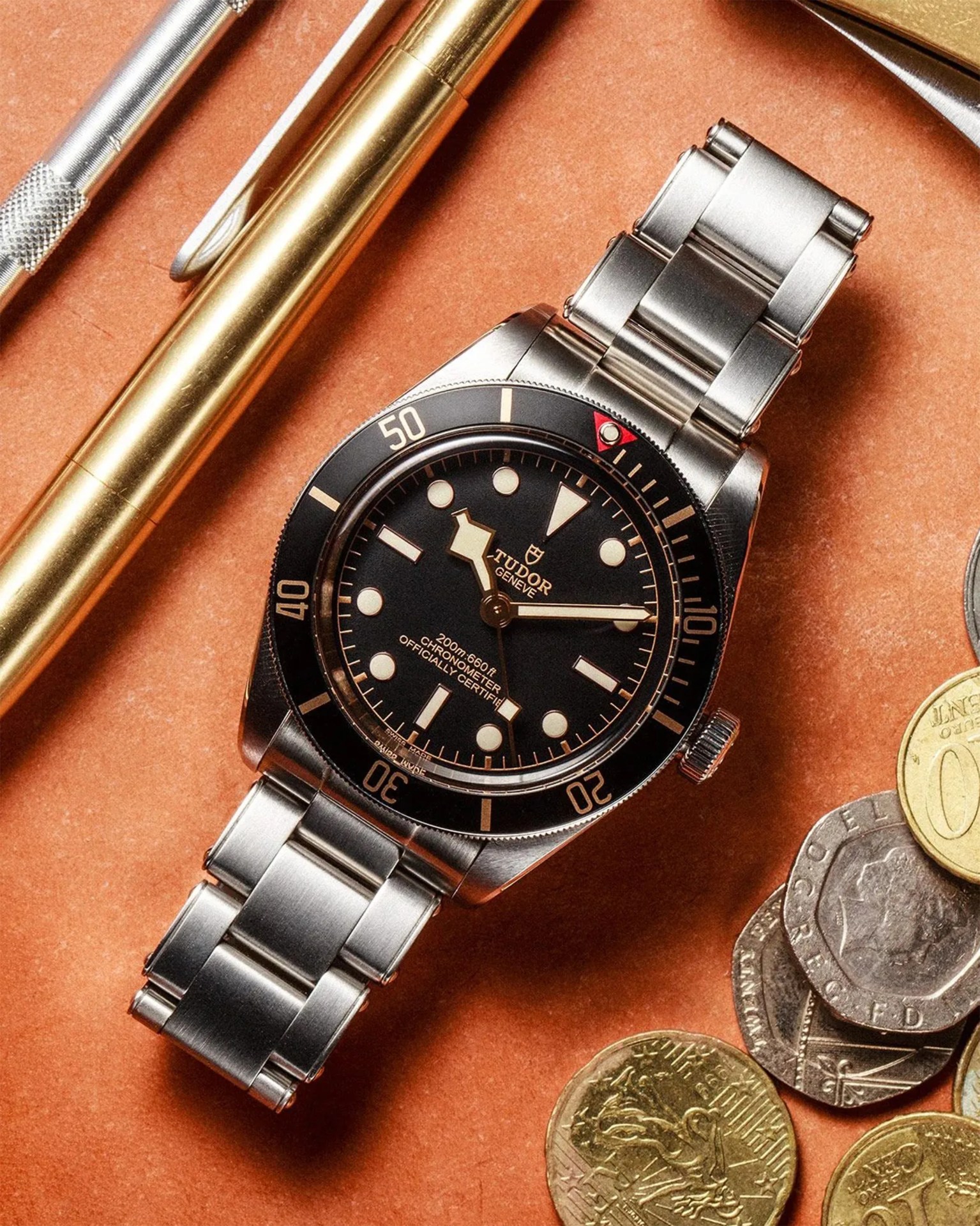 Stainless steel Tudor dive watch with black bezel and dial on a brown surface with coins and pens.