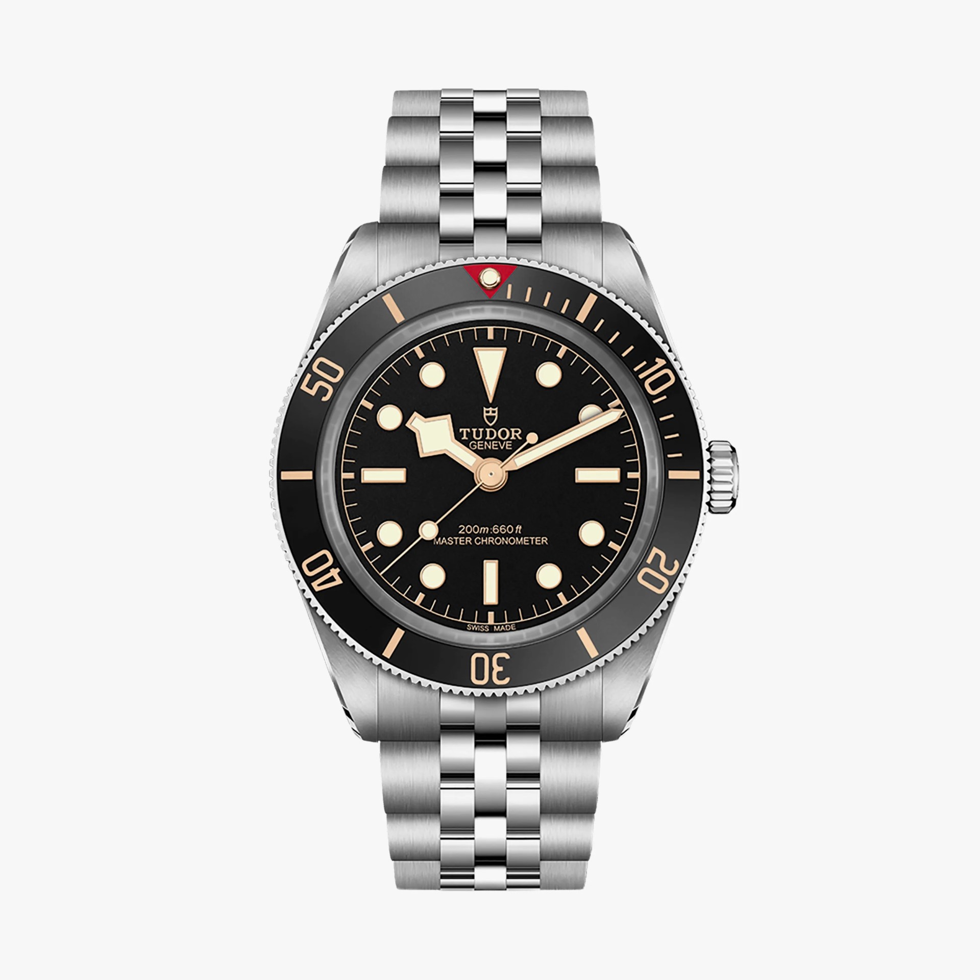 Stainless steel Tudor dive watch with black bezel, black dial, beige markers, and metal bracelet.
