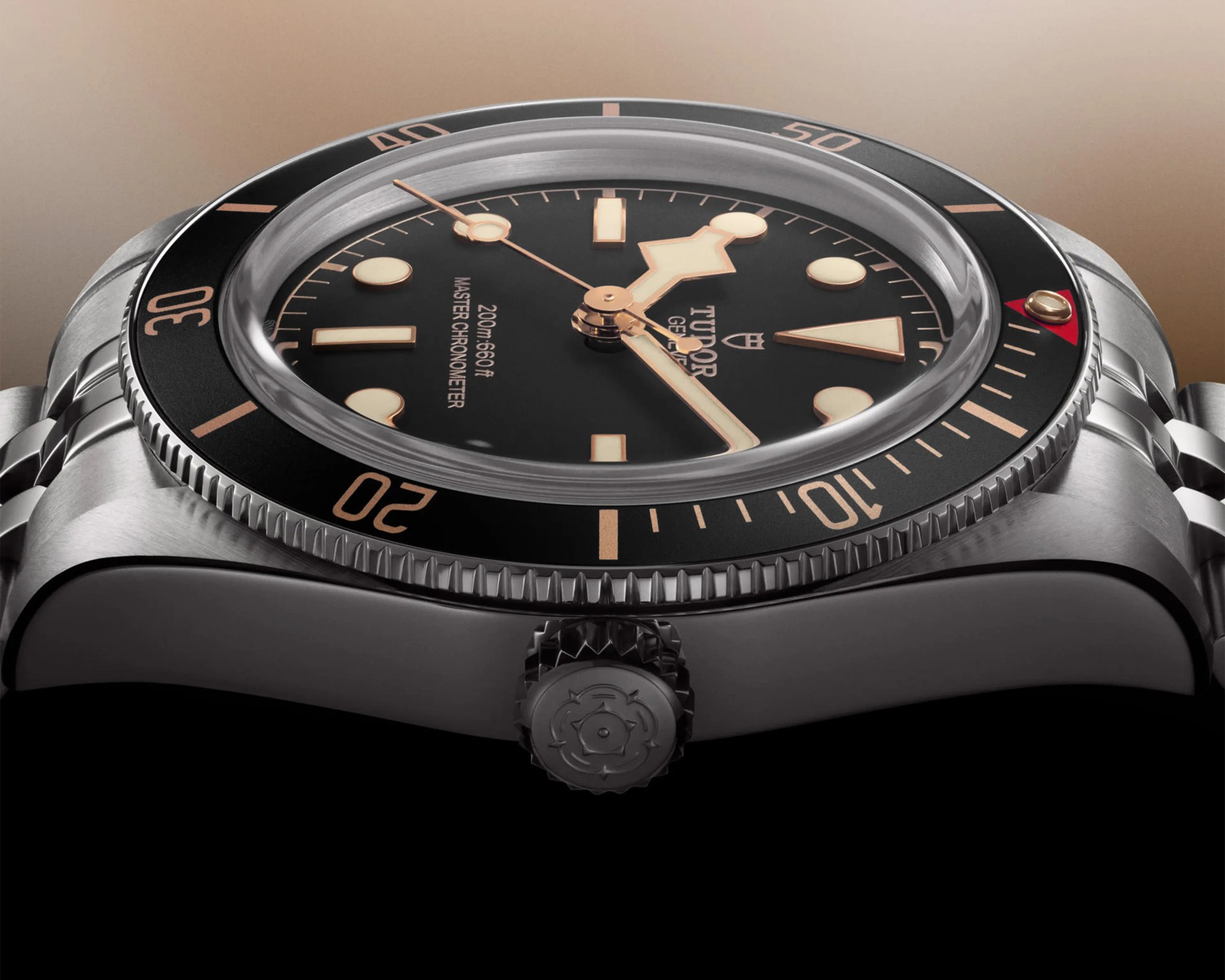 Close-up of a Tudor dive watch with black dial, beige markers, and a stainless steel case and bezel.