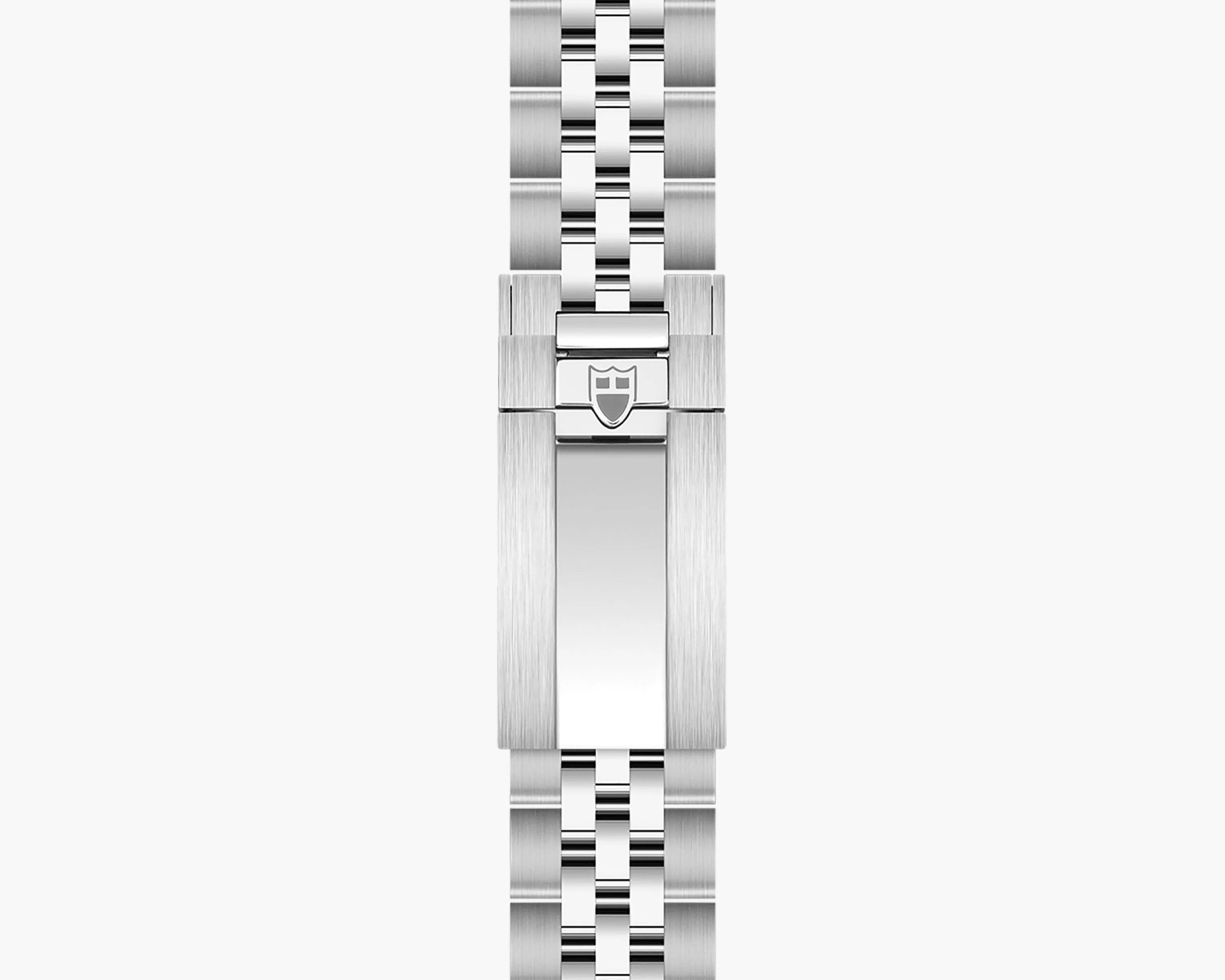 Silver metal watch bracelet with a polished and brushed finish and a shield logo on the clasp.