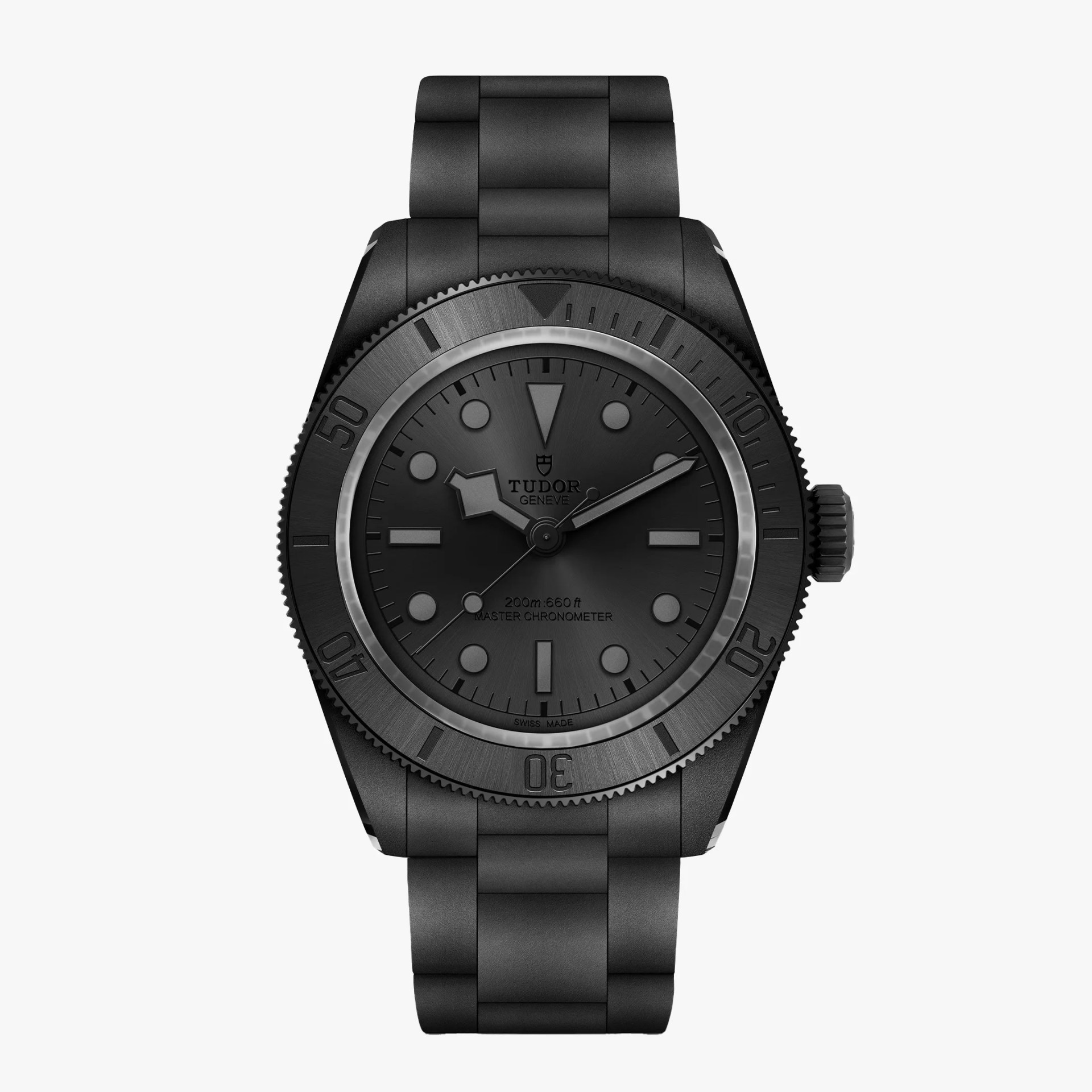 Black Tudor dive watch with matte finish, black dial, and black bracelet.