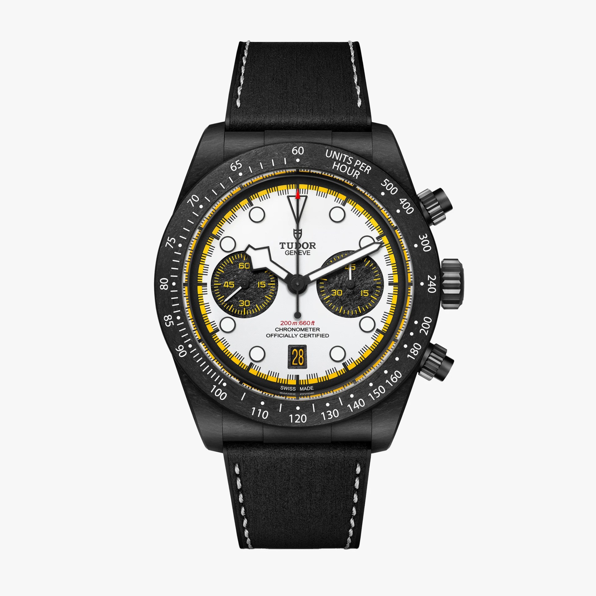 Black Tudor chronograph watch with white dial, yellow accents, black subdials, and black strap with white stitching.