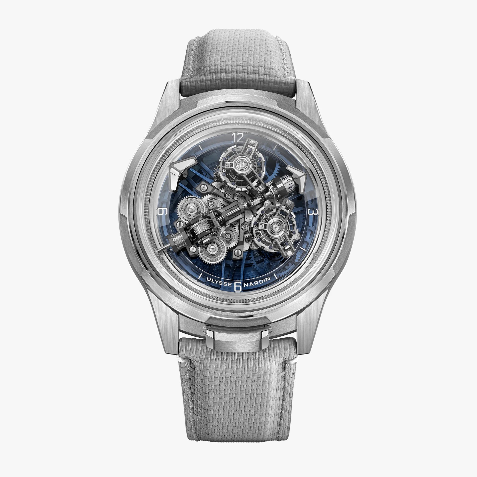 Silver mechanical wristwatch with visible gears and a textured light gray strap.
