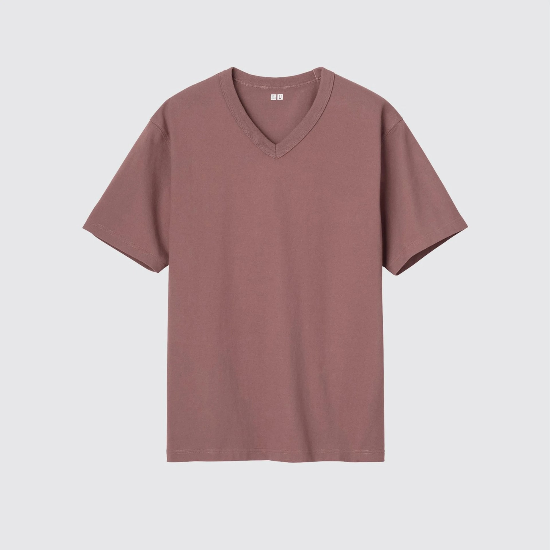 Mauve short-sleeve V-neck T-shirt on a light gray background.
